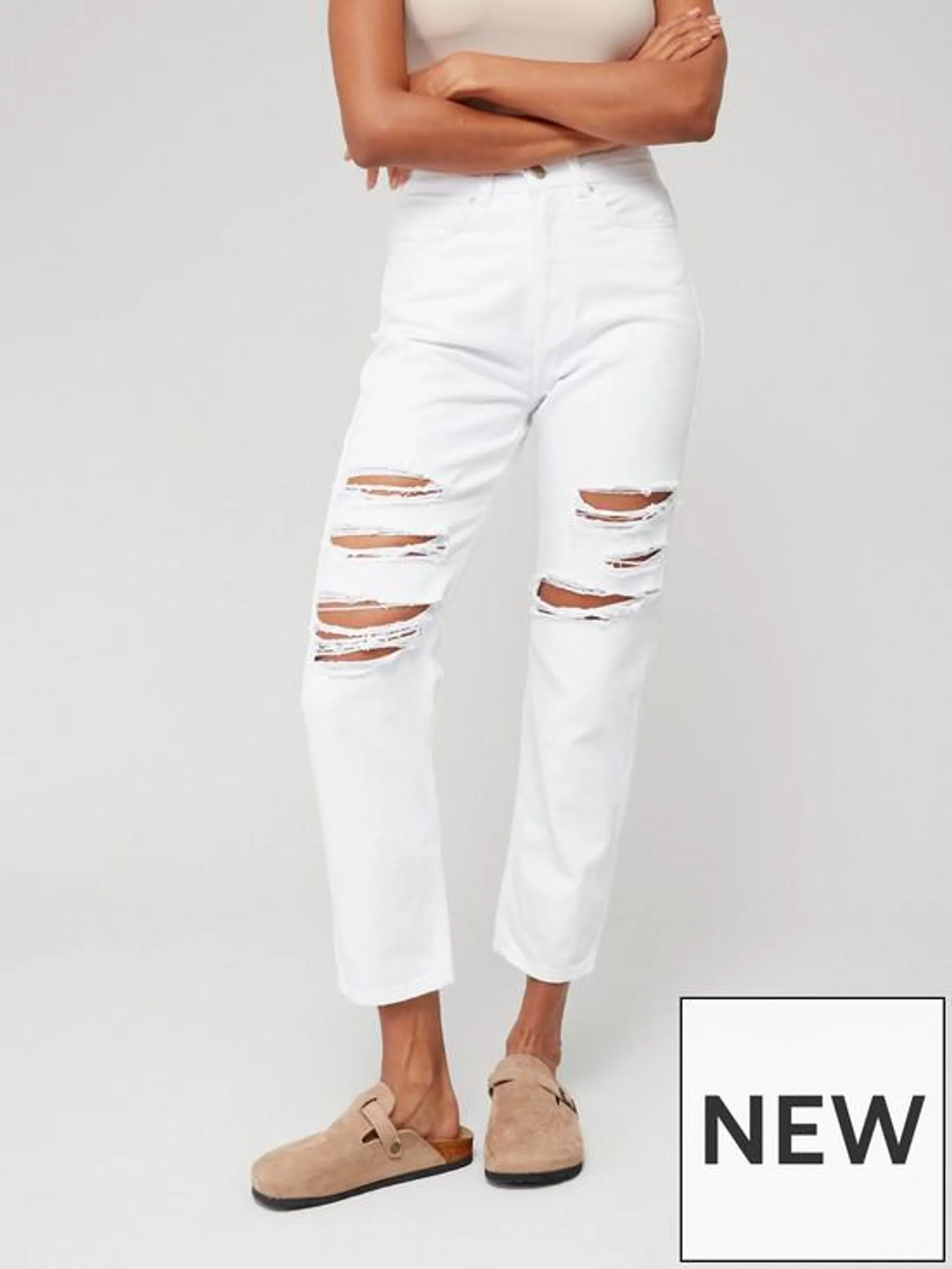 Mom Jean With Rips - White