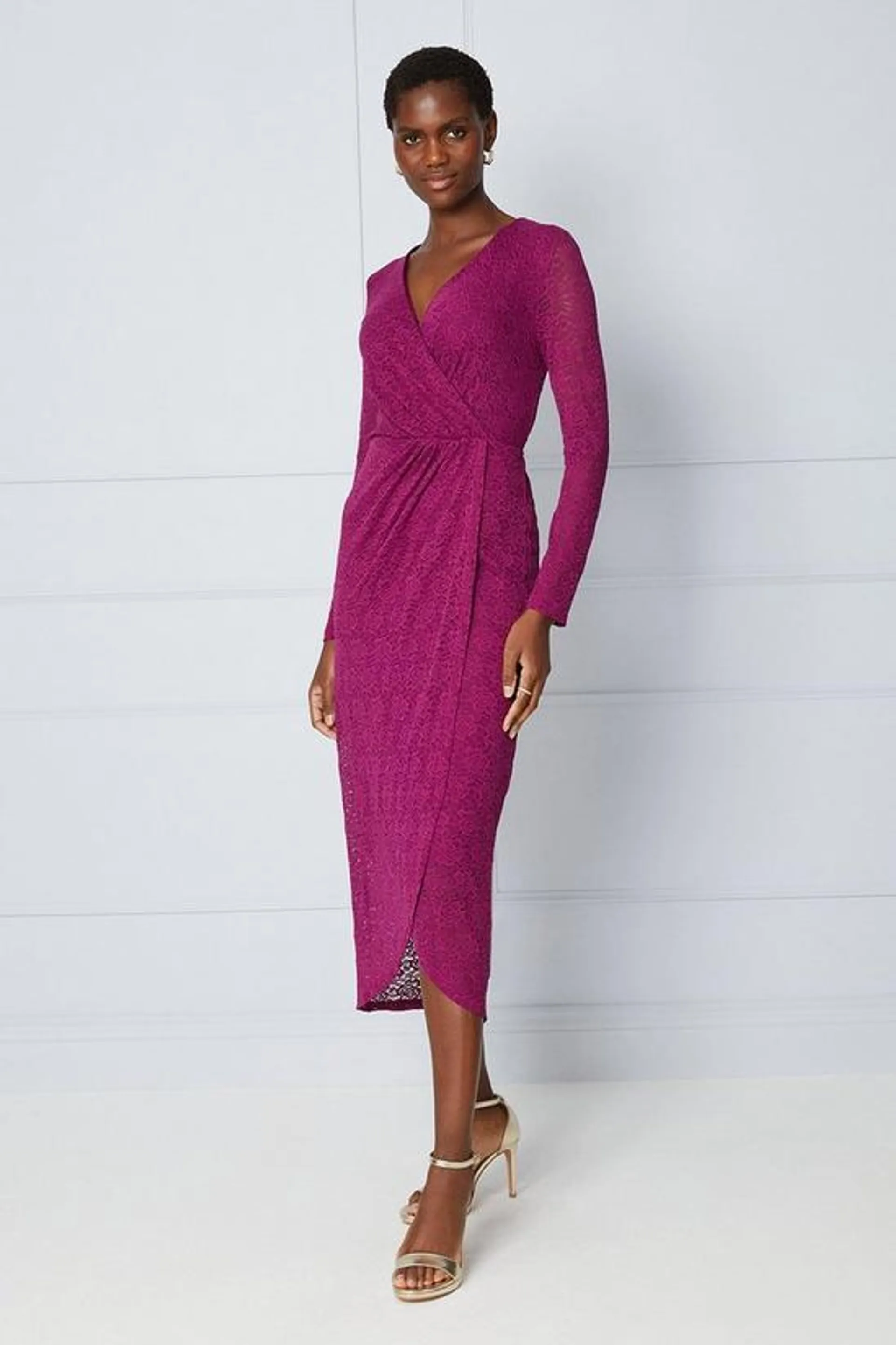 Lace Gathered Wrap Midi Dress