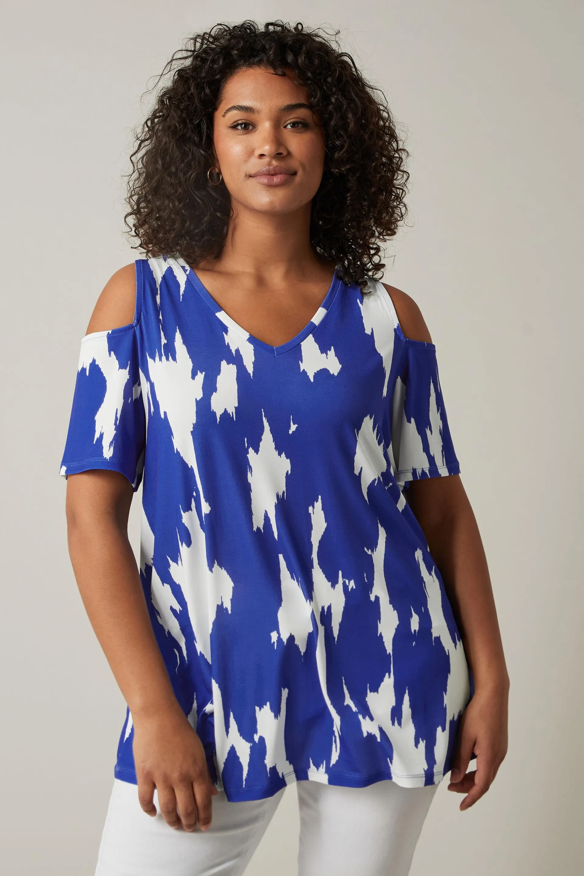 EVANS Curve Blue Abstract Print Cold Shoulder Top