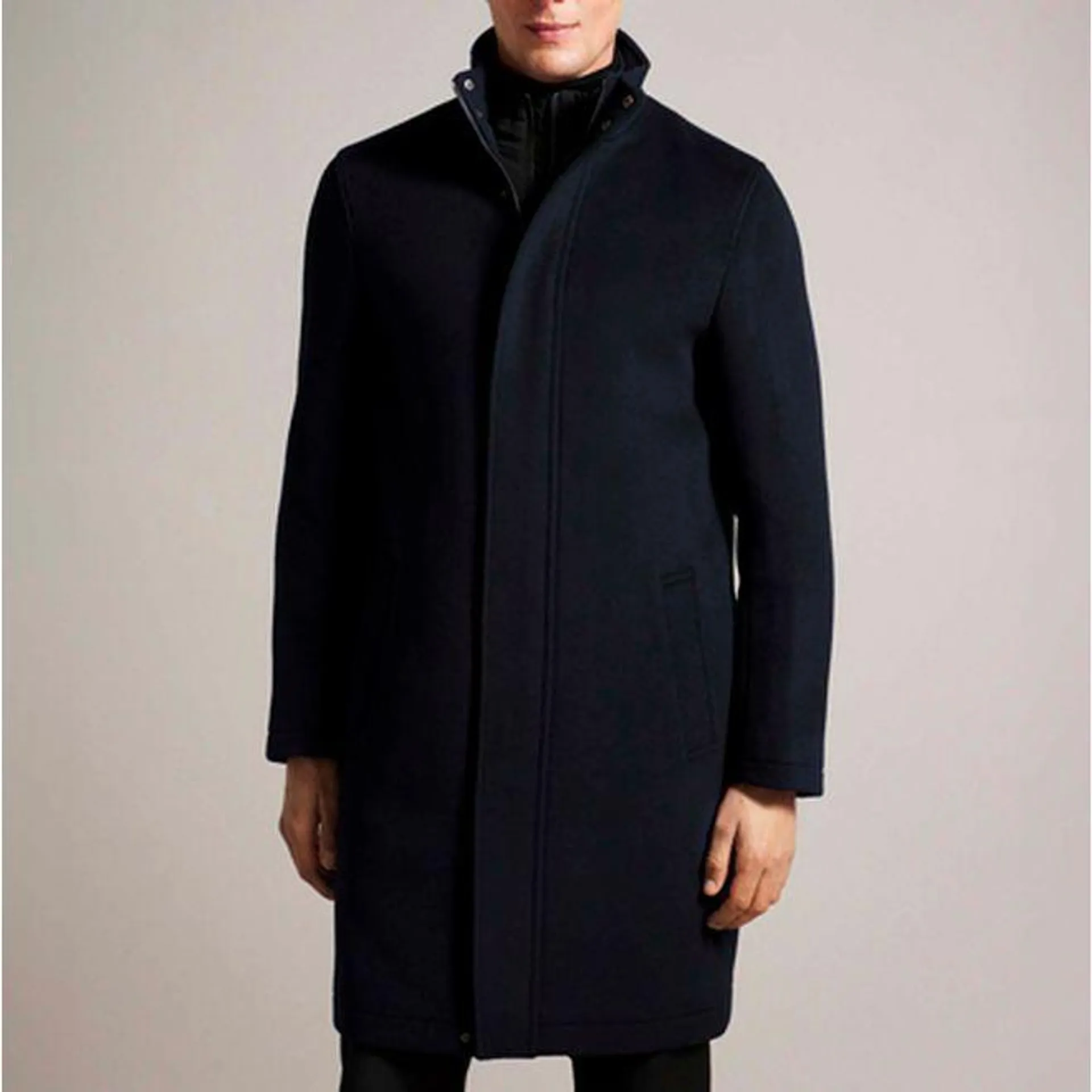 Ted Baker Ederson Wool Blend Funnel Neck Coat in Navy