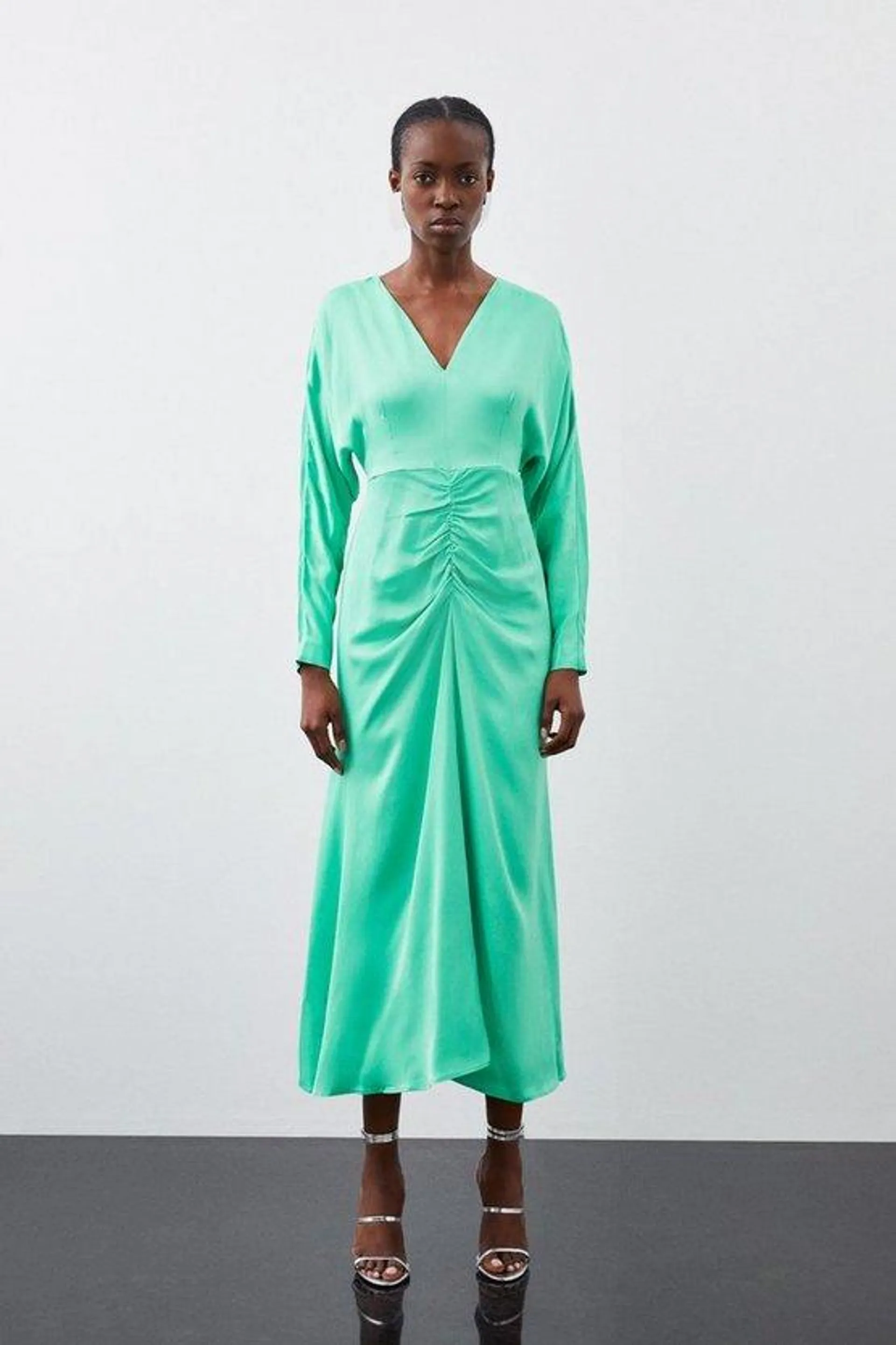 Viscose Satin Batwing Long Sleeve Midi Dress