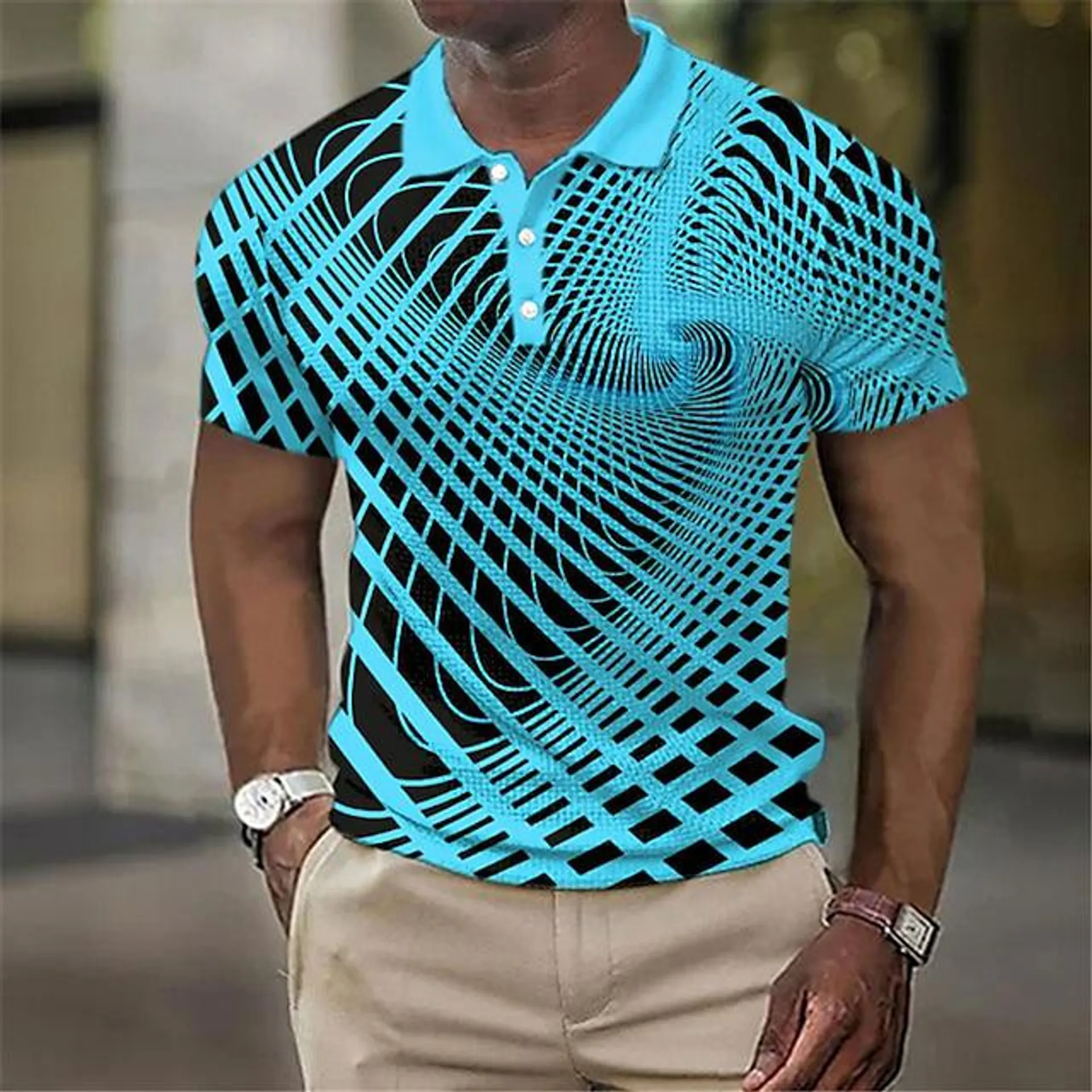 Men's Polo Shirt Waffle Polo Shirt Lapel Polo Button Up Polos Golf Shirt Optical Illusion Graphic Prints Turndown White Yellow Royal Blue Blue Green Outdoor Street Short Sleeve Print Clothing Apparel