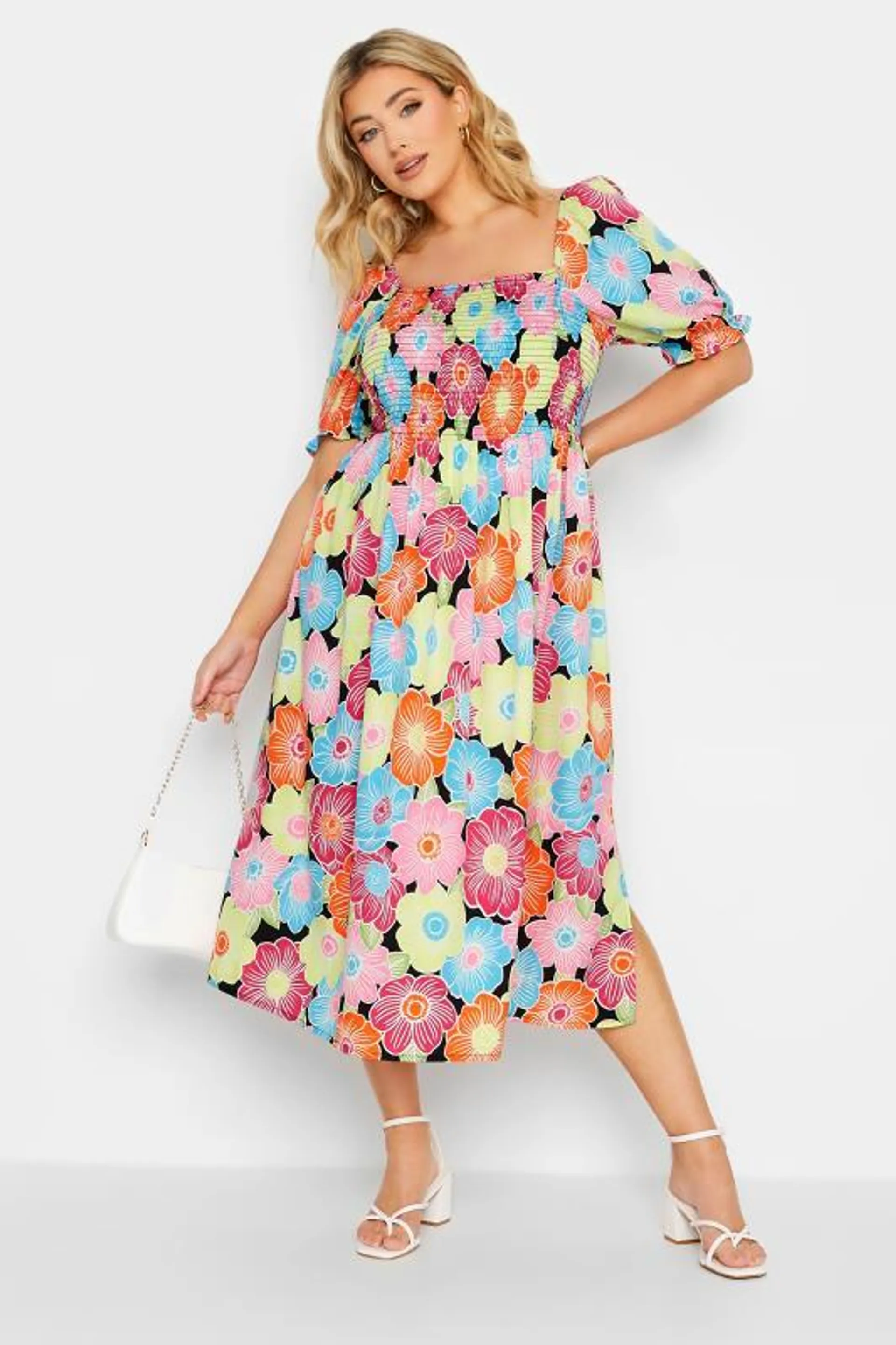 YOURS Curve Pink & Blue Floral Print Shirred Midi Dress