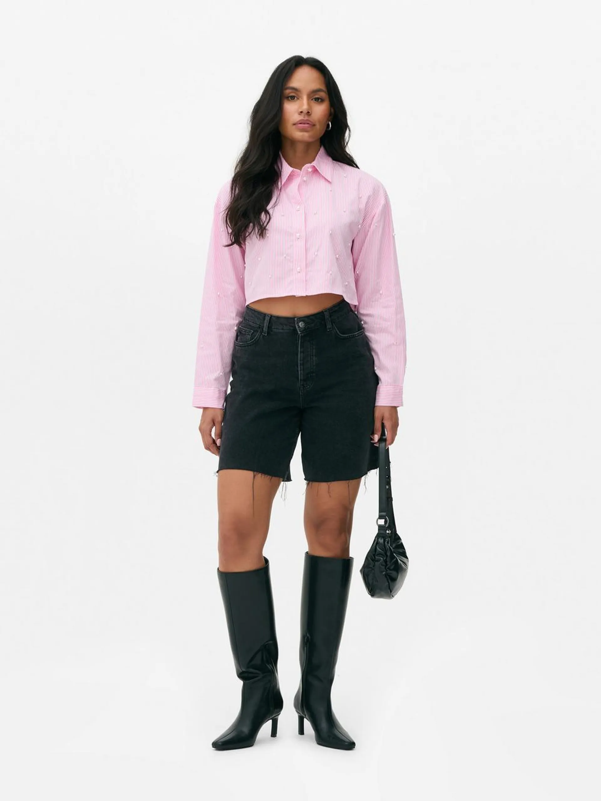 Pearl Adorned Cropped Shirt