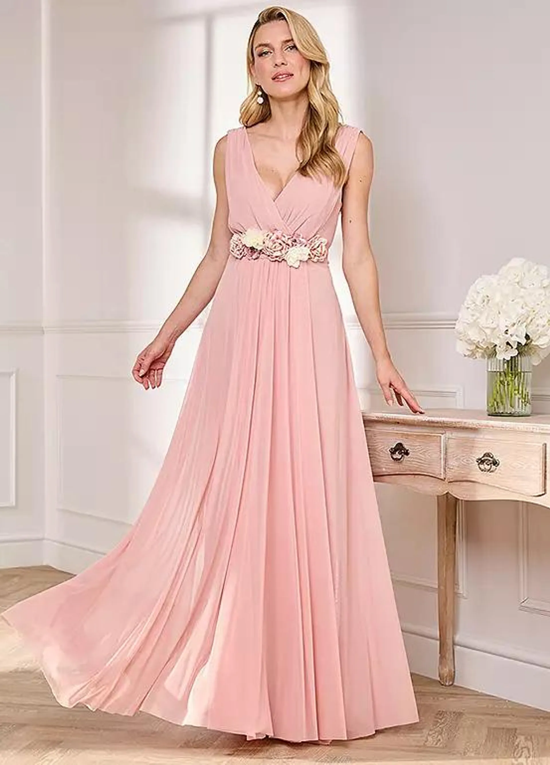 Kaleidoscope Blush Corsage Belt Mesh Maxi Dress