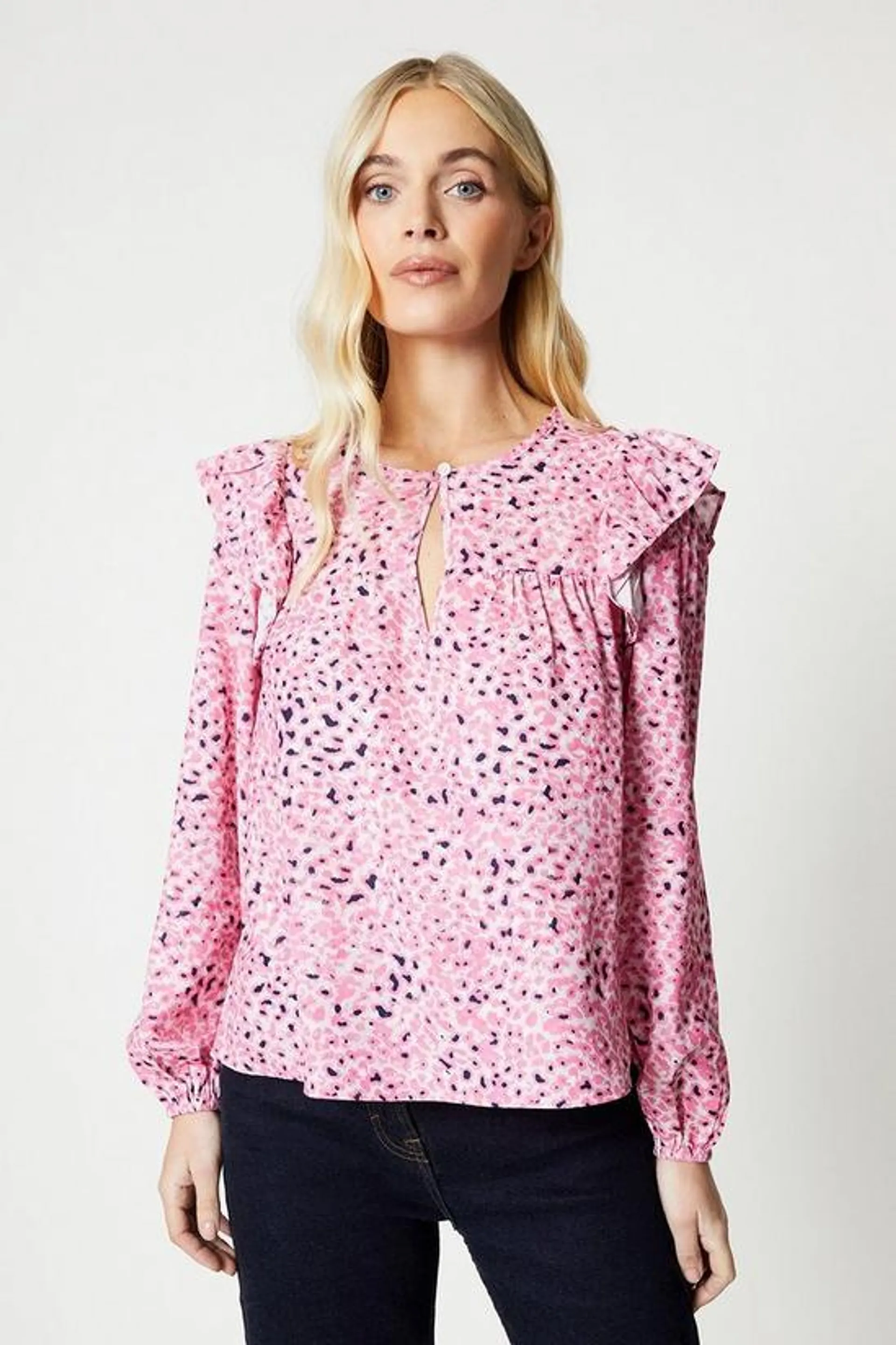 Petite Animal Print Frill Shoulder Blouse