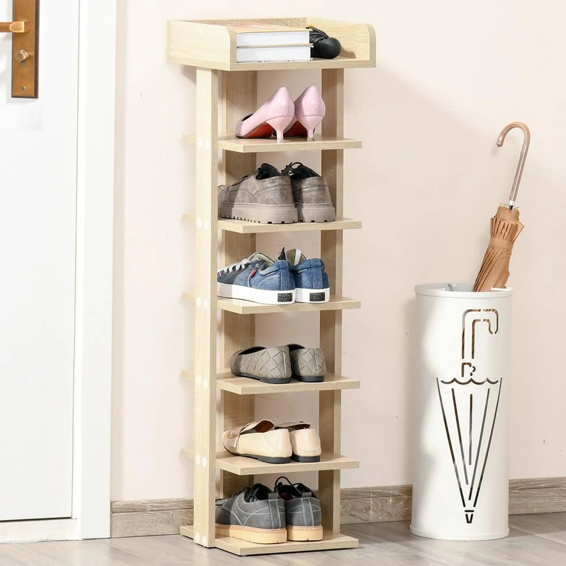 HOMCOM 7 Tier Oak Shoe Cabinet Rack