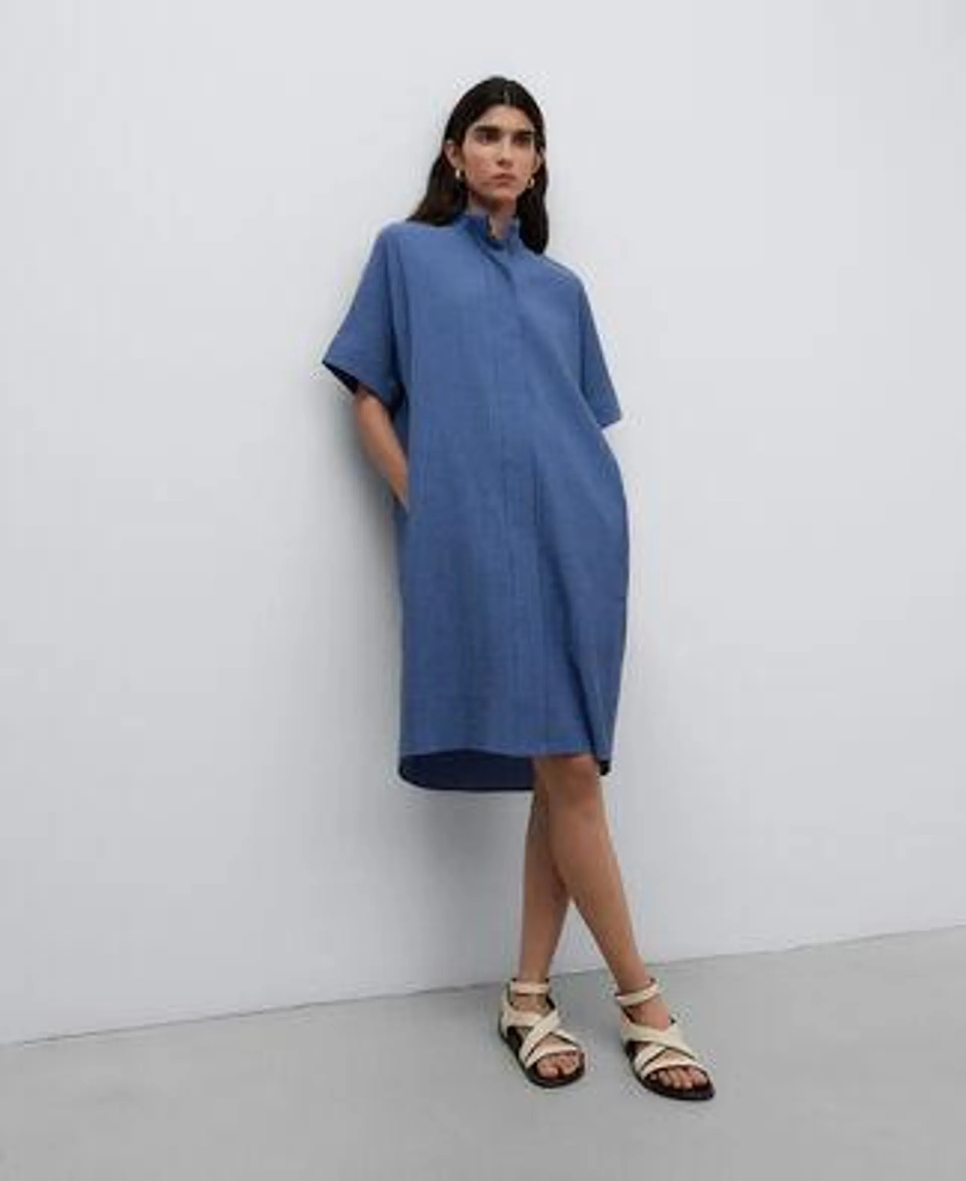 Blue cotton midi dress woman