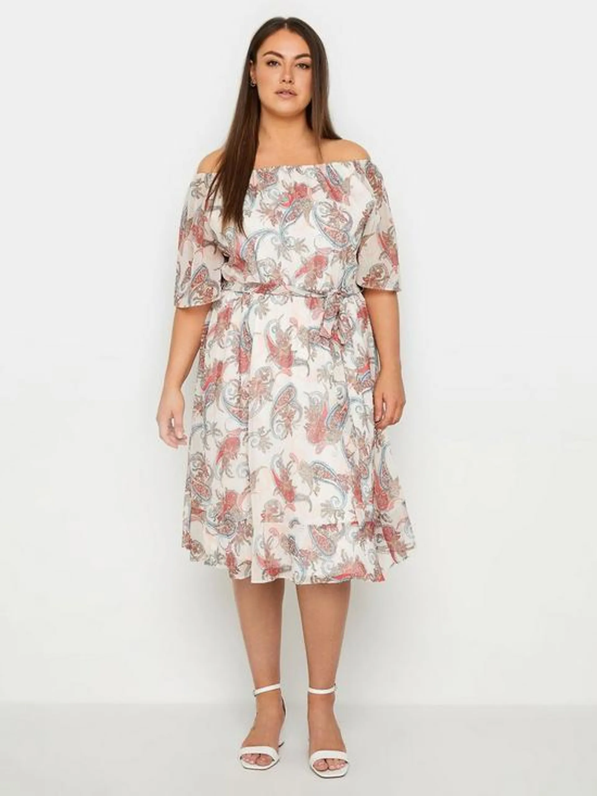 Paisley Print Cold Shoulder Midi Dress - White