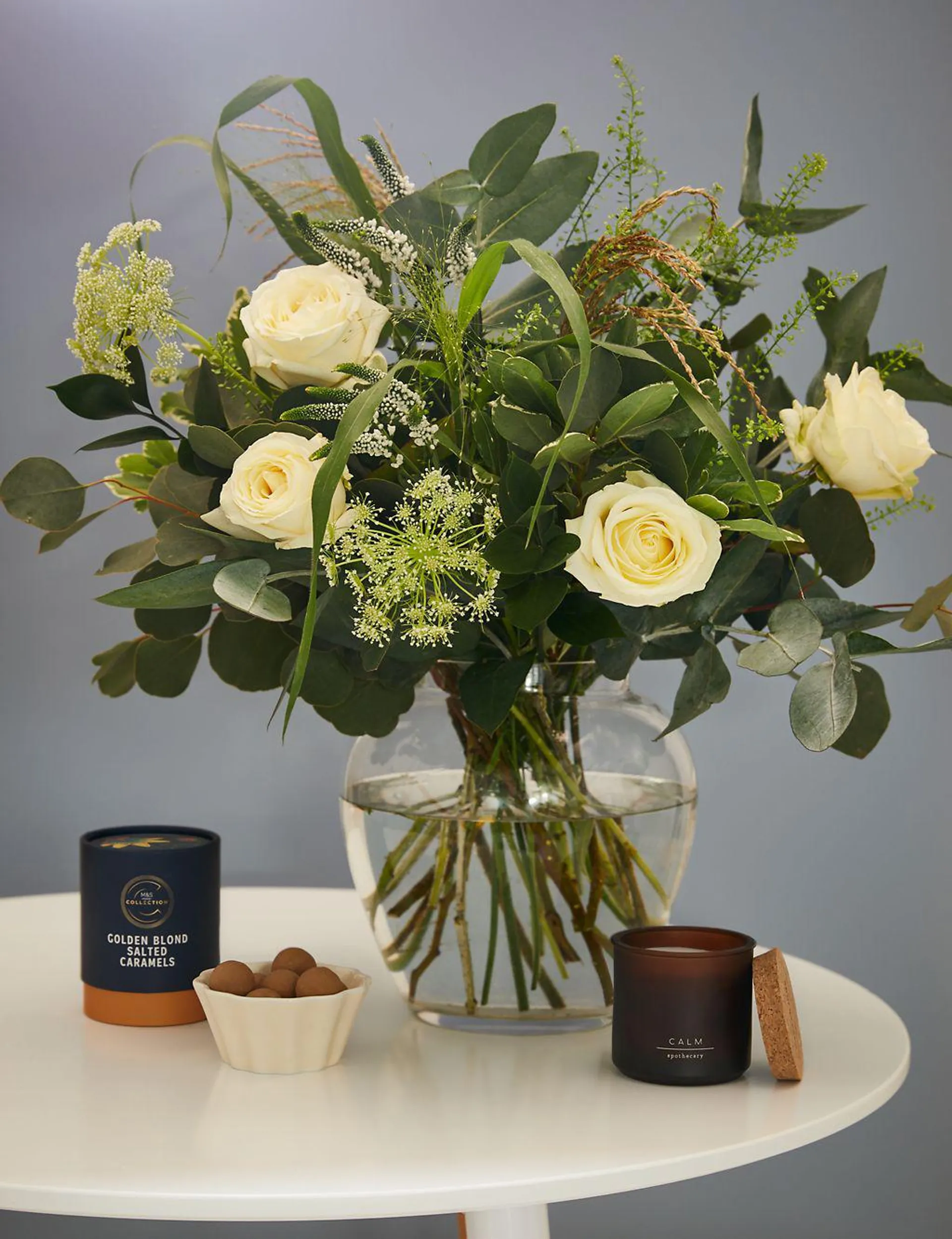 Thinking of You Bouquet with Golden Blond Salted Caramels & Calm Candle