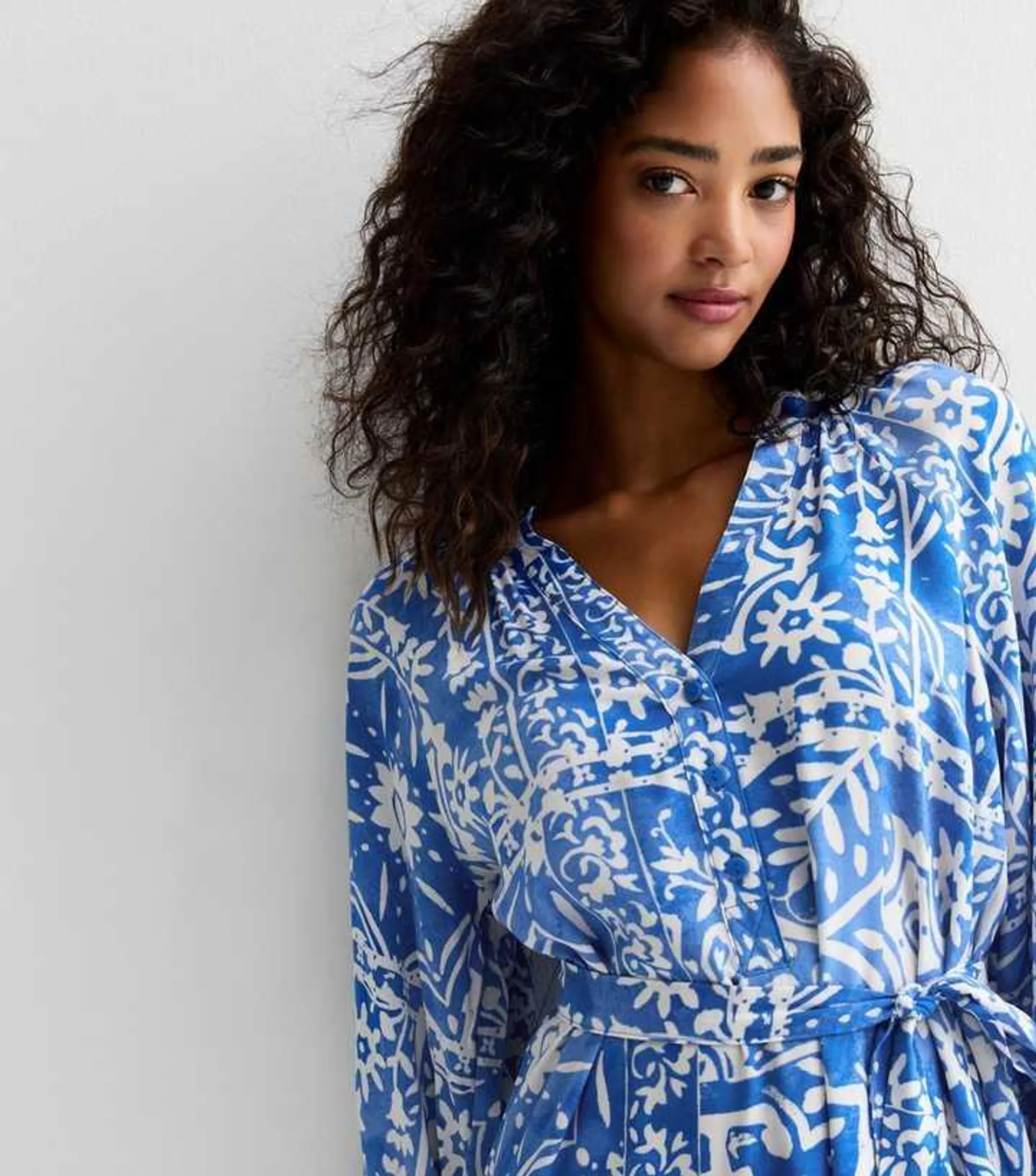 Blue Tile Print Grandad Midi Shirt Dress