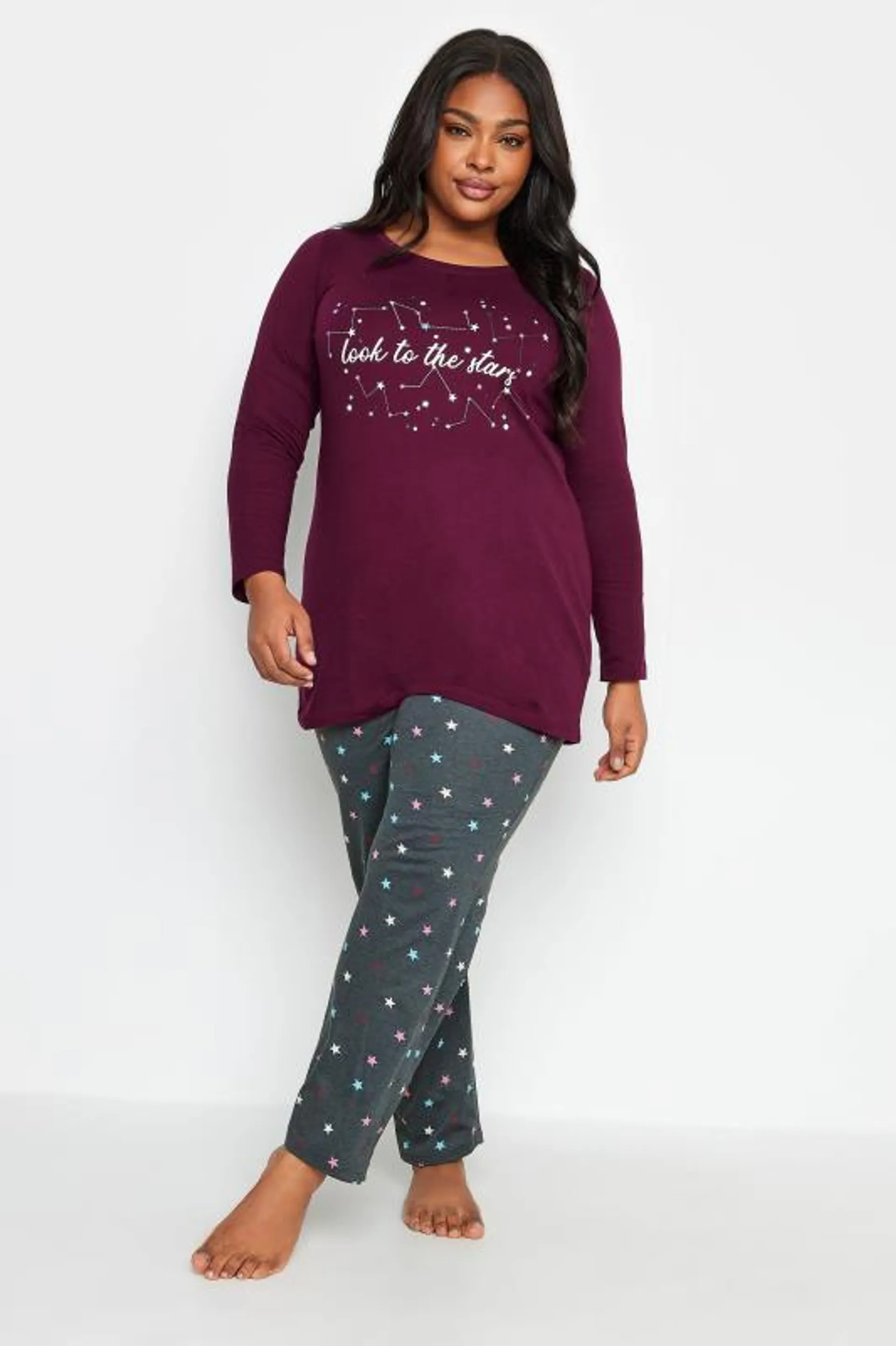 YOURS Curve Wine Red 'Look At The Stars' Star Print Pyjama Set