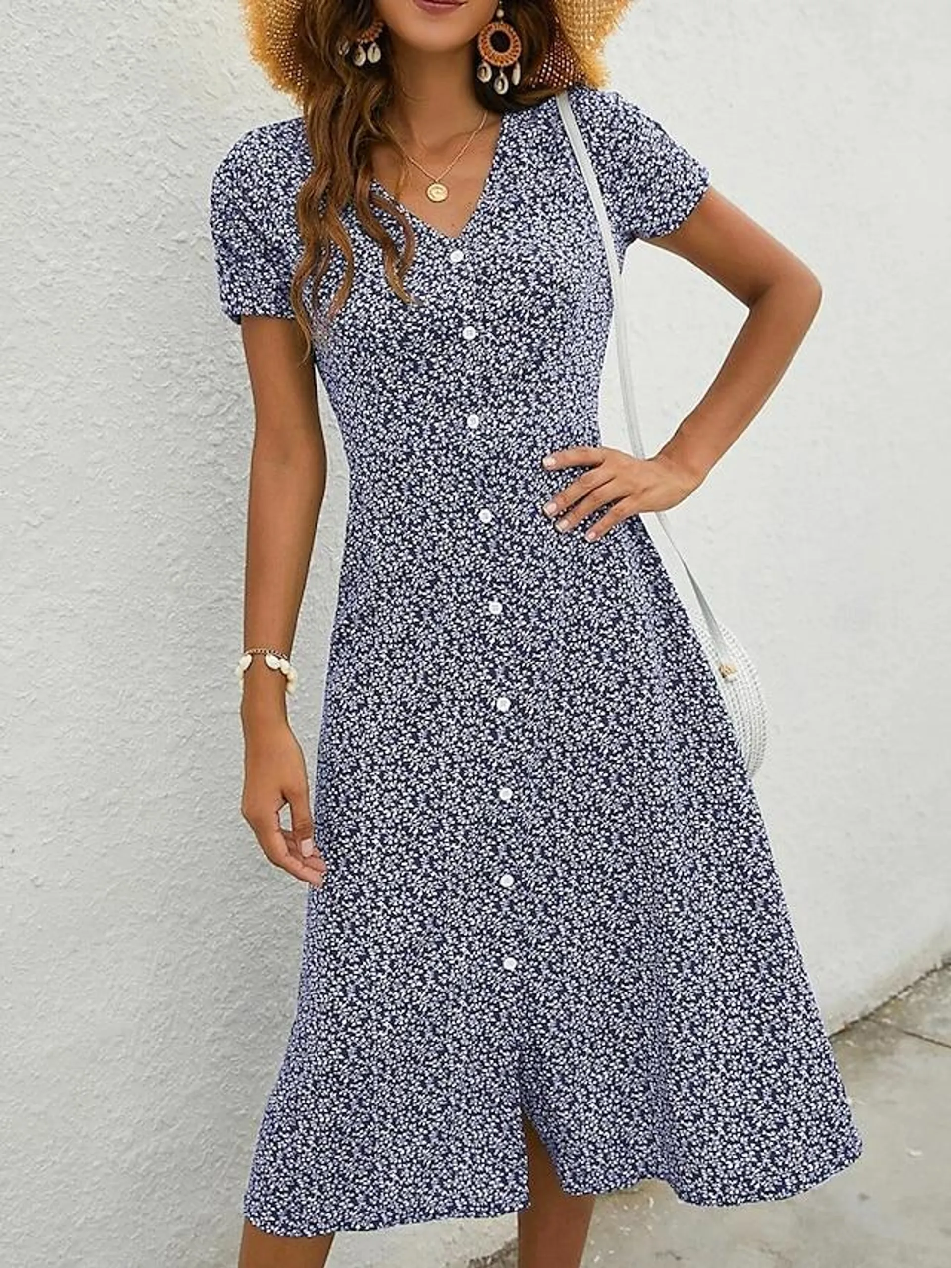 Women's Chiffon Dress Floral Button Split V Neck Flutter Sleeve Midi Dress Casual Short Sleeve Summer Spring