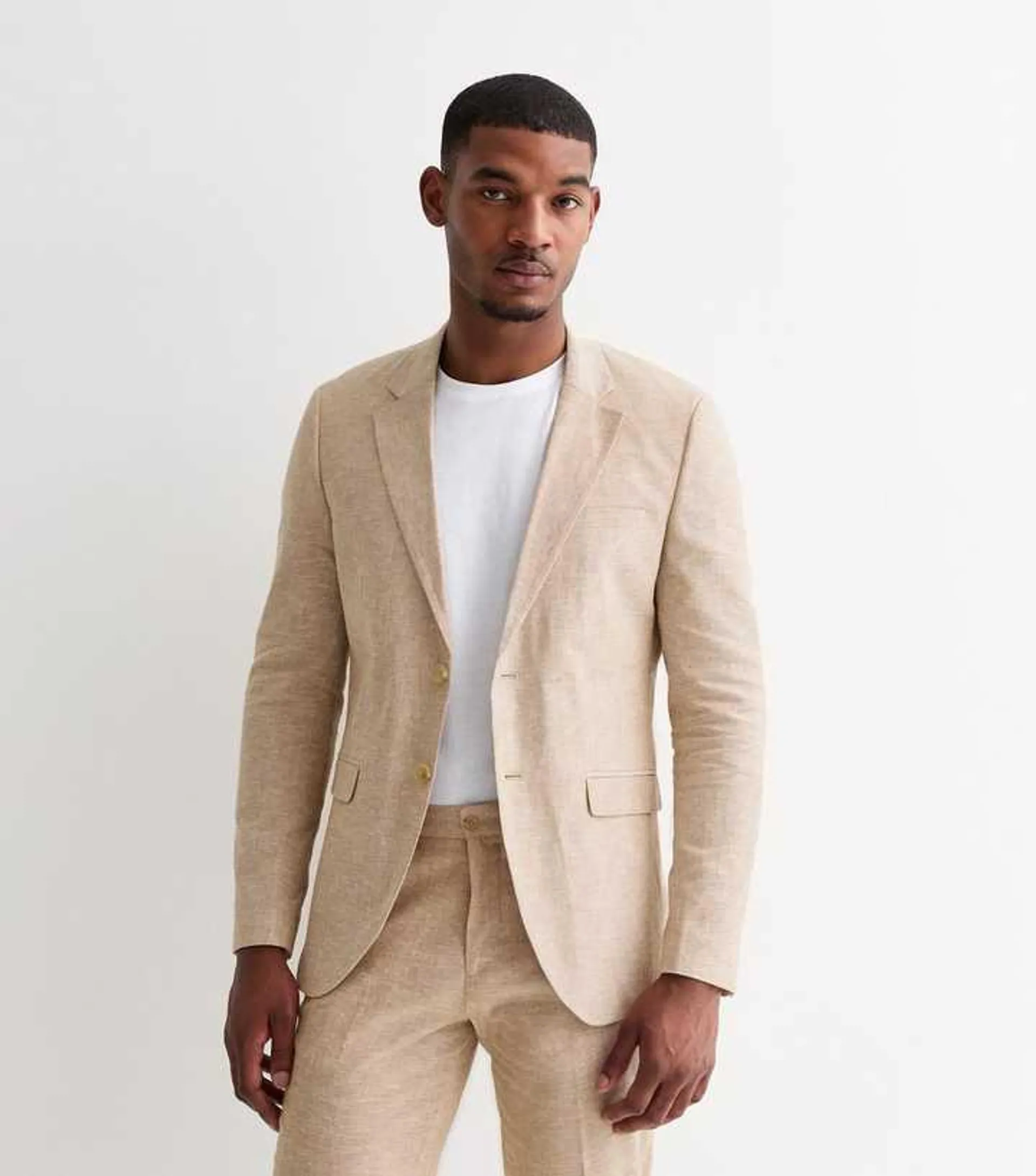 Jack & Jones Cream Linen-Blend Slim-Fit Blazer