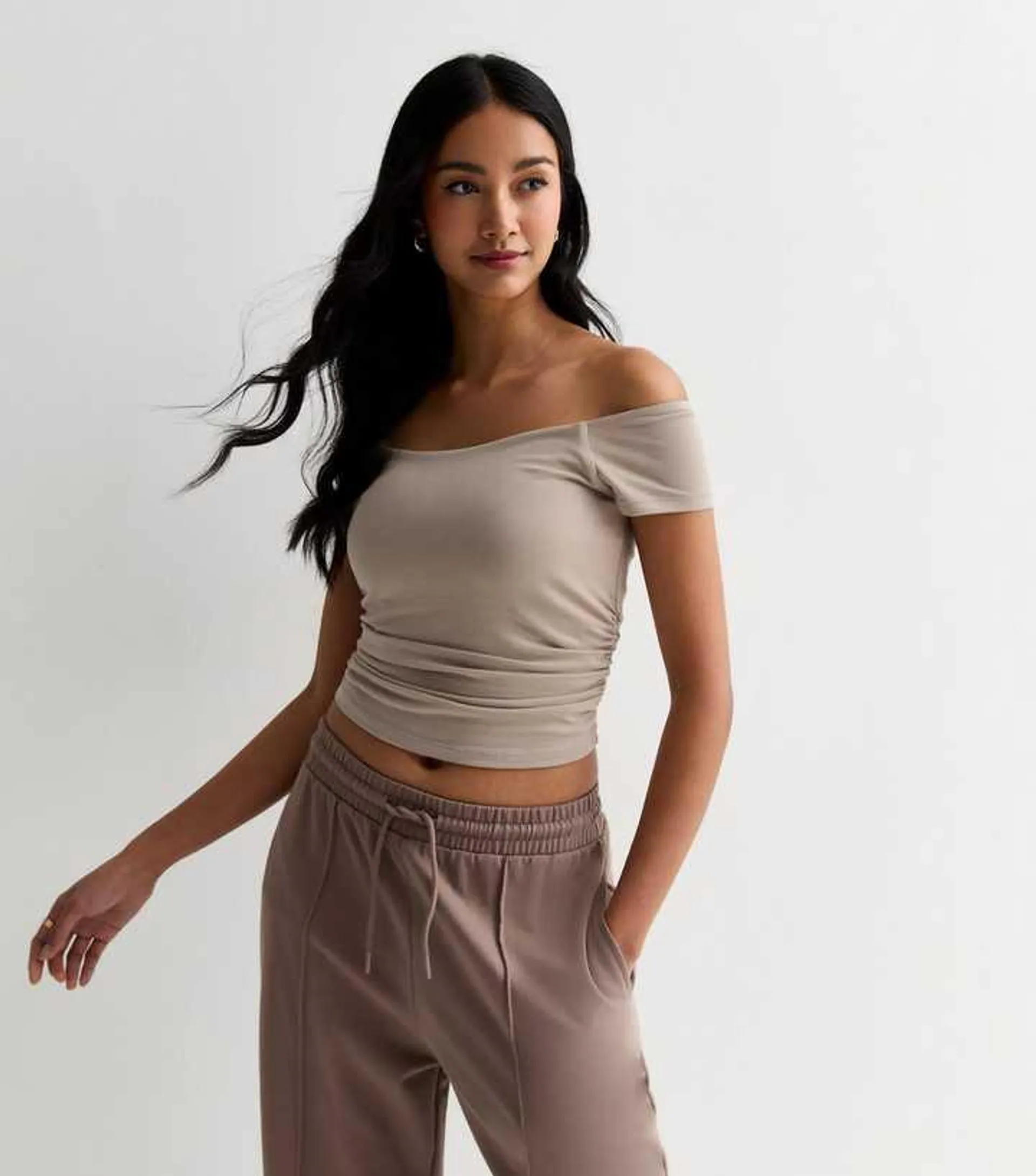 Light Brown Ruched Bardot Crop Top