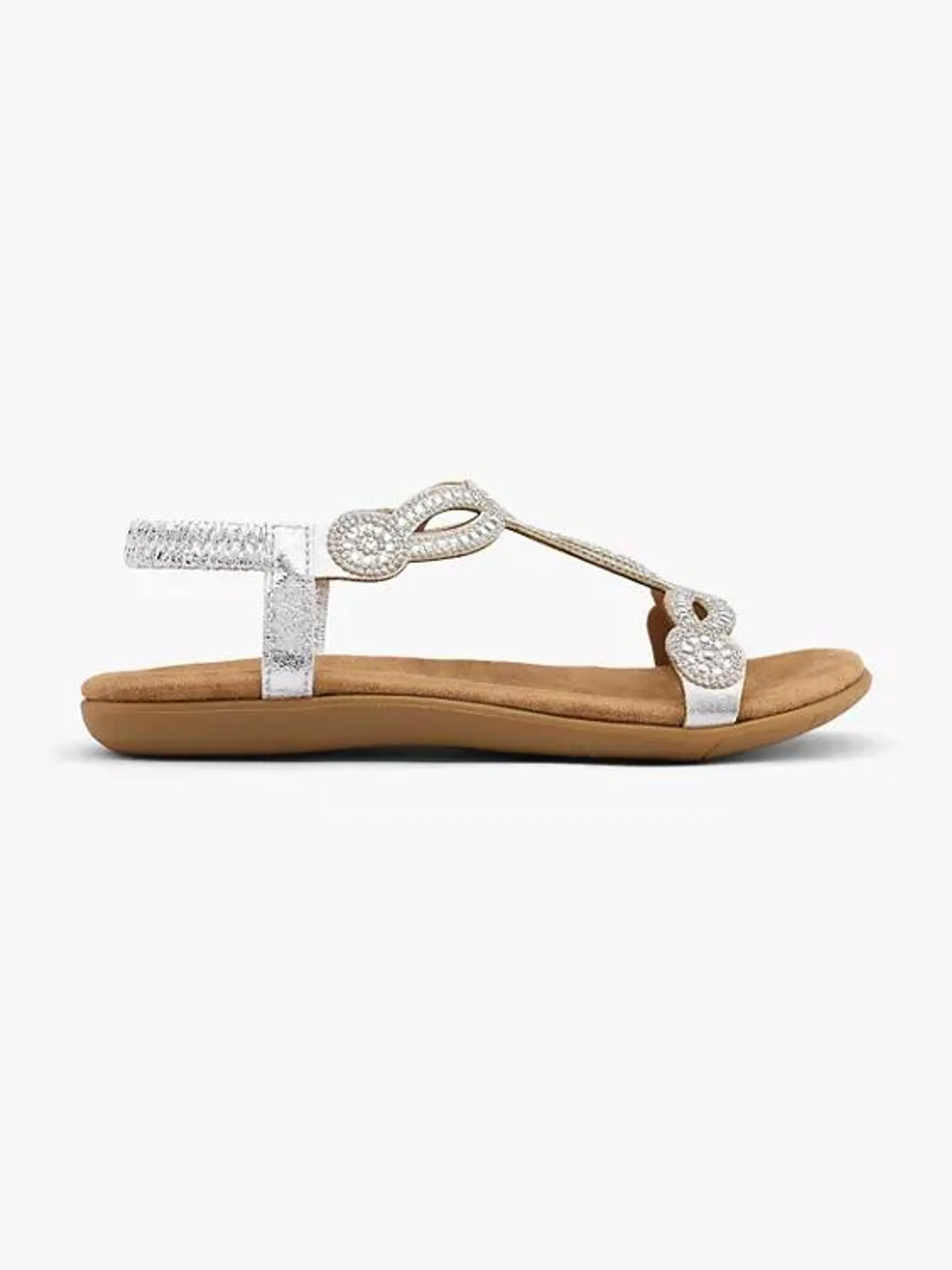 Silver Elasticated Back Flat Sandal with Clear Gem Detail