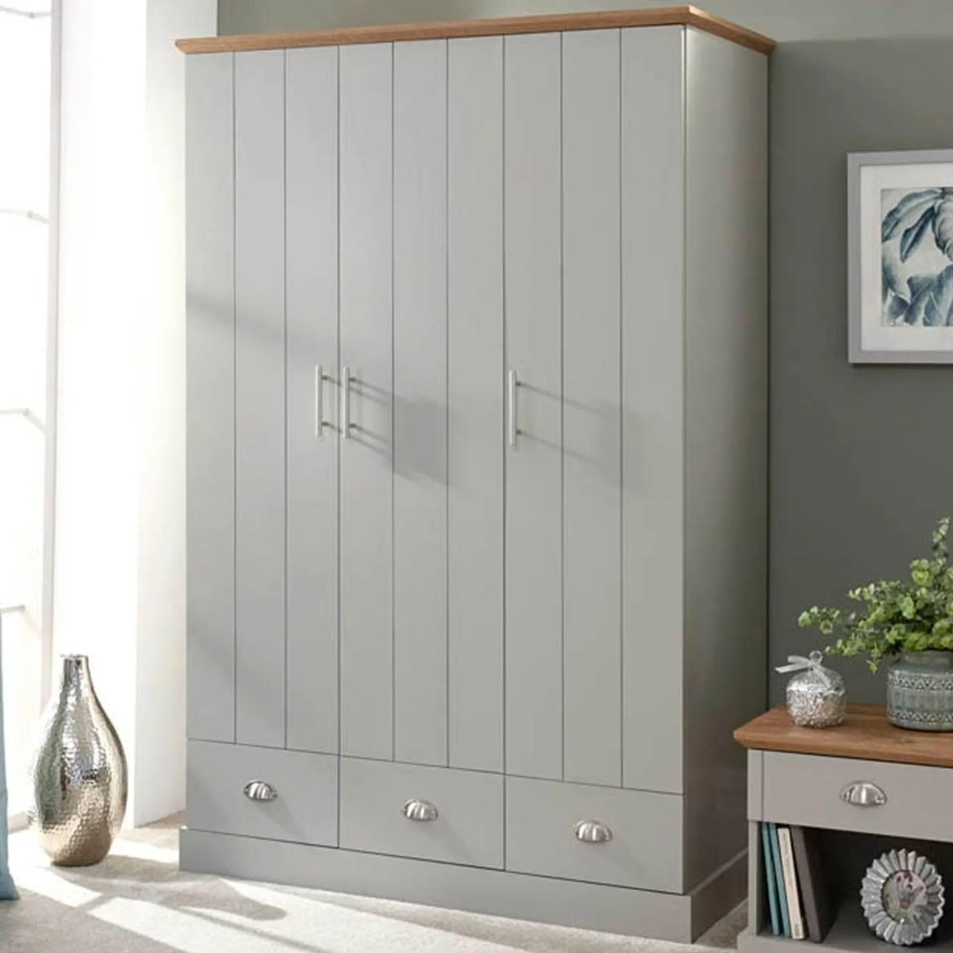 GFW Kendal 3 Door 3 Drawer Grey Wardrobe