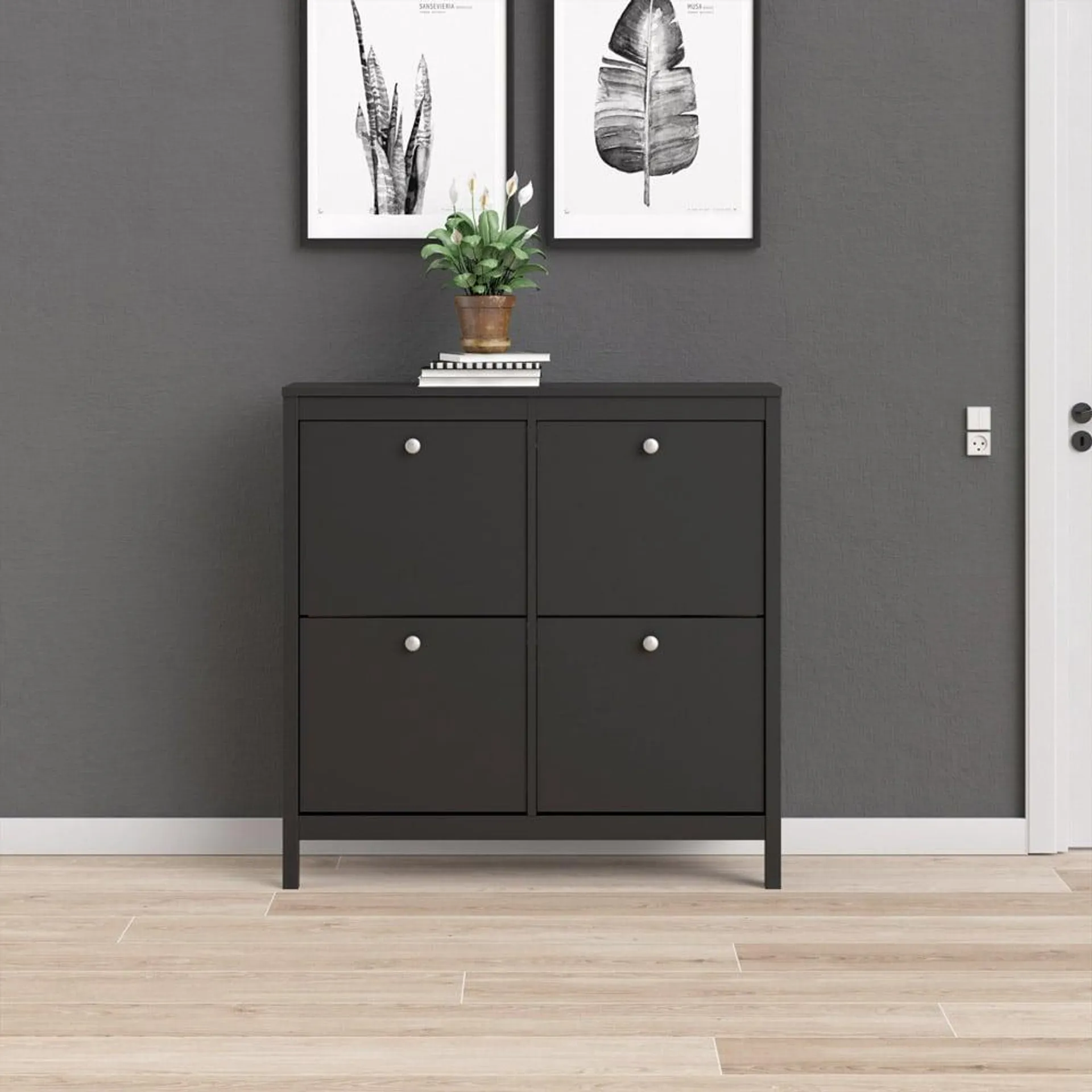 Florence Madrid 4 Flip Down Doors Matt Black Shoe Cabinet