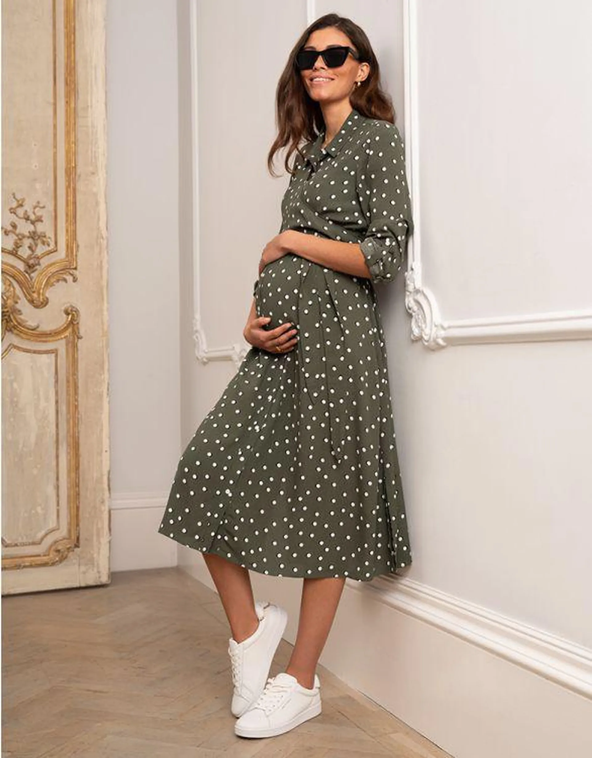 Khaki Polka Dot Maternity & Nursing Shirt Dress