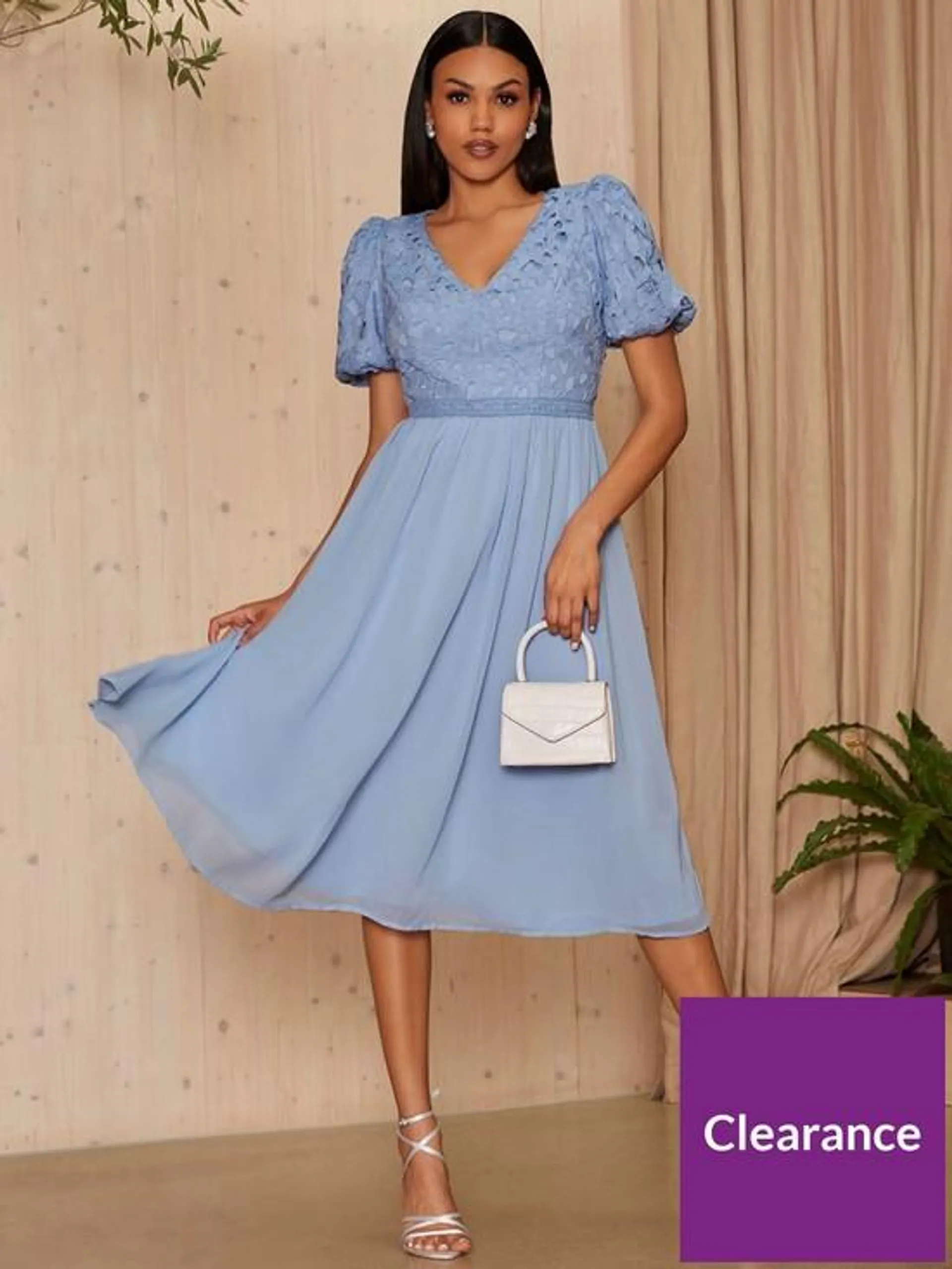 Puff Sleeve Premium Lace Midi Dress in Blue