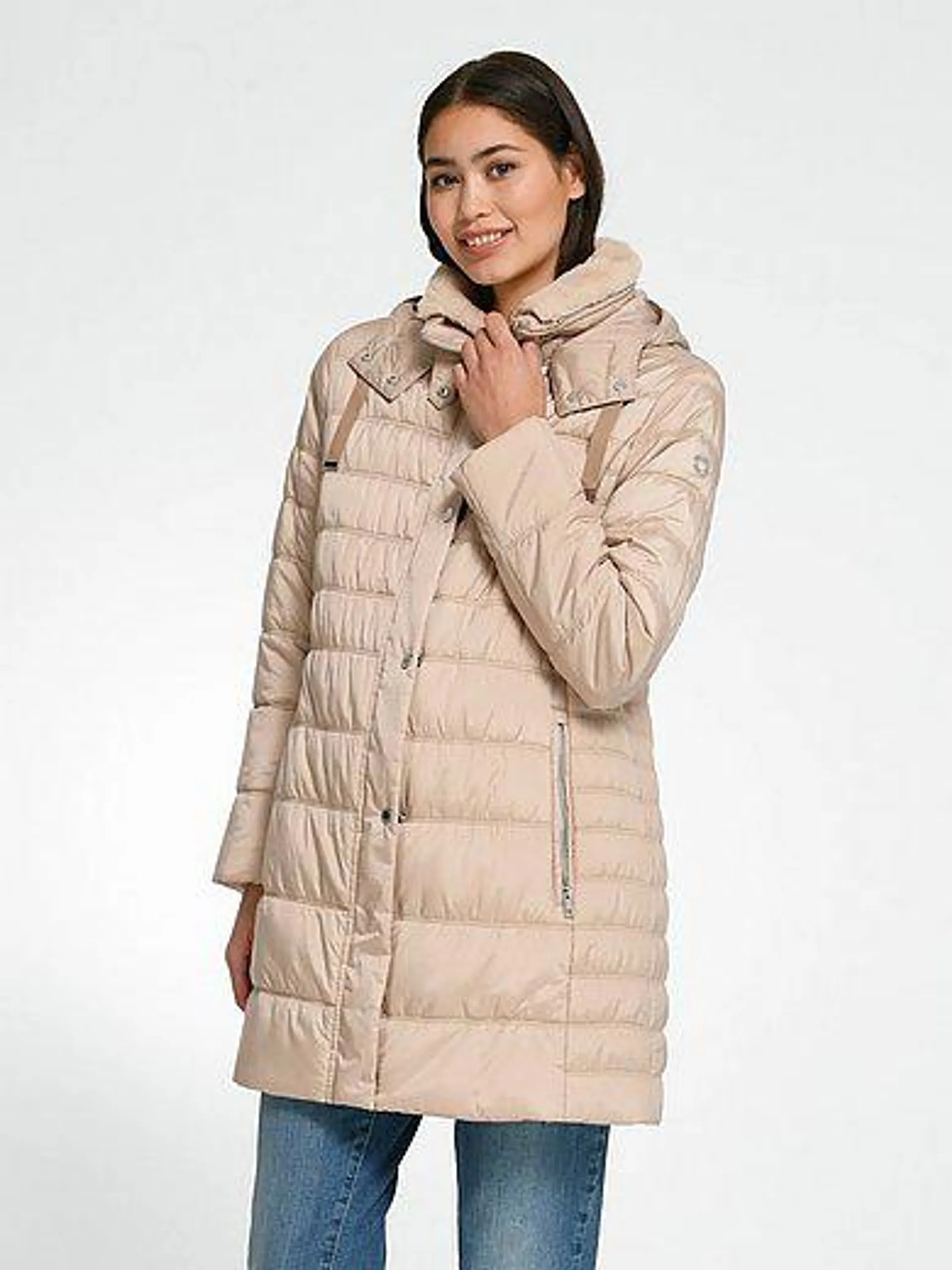 Quilted jacket with button-off hood