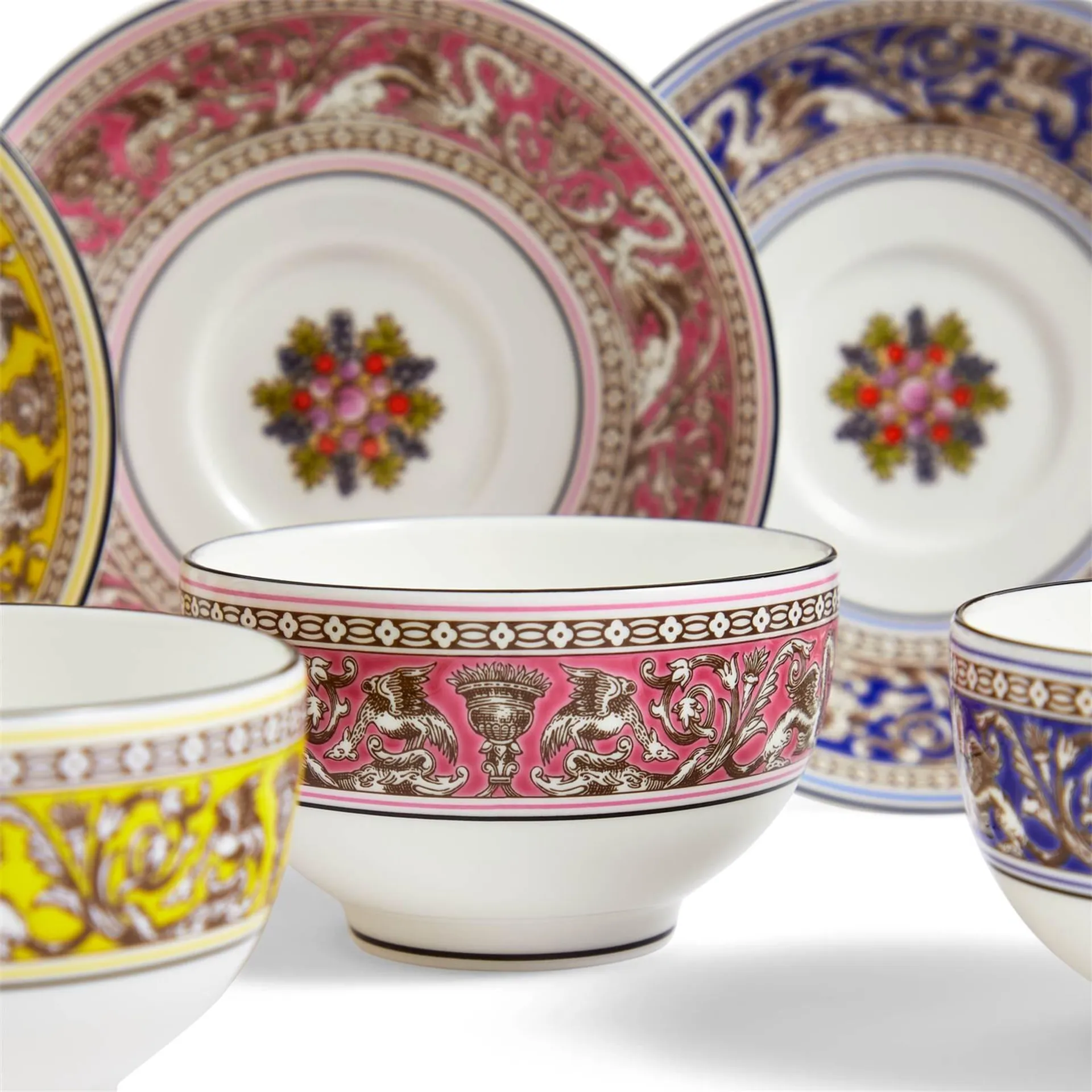 Florentine Tea Bowl & Saucer, Set of 6 Mixed Colours