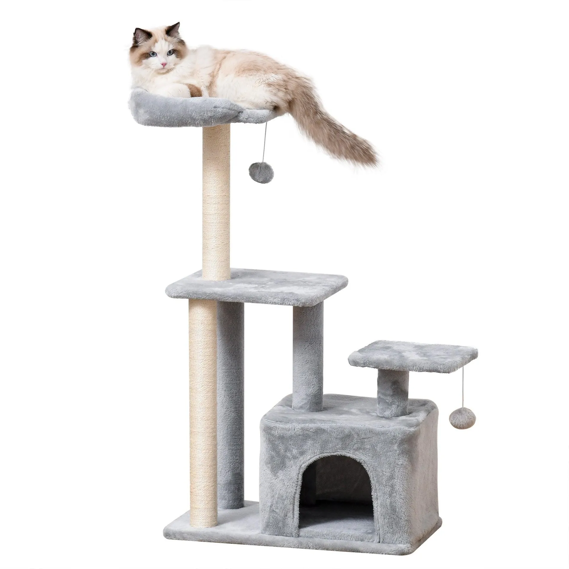 PawHut Cat Tree Activity Center w/ Scratching Post Sisal Hanging Ball Light Grey