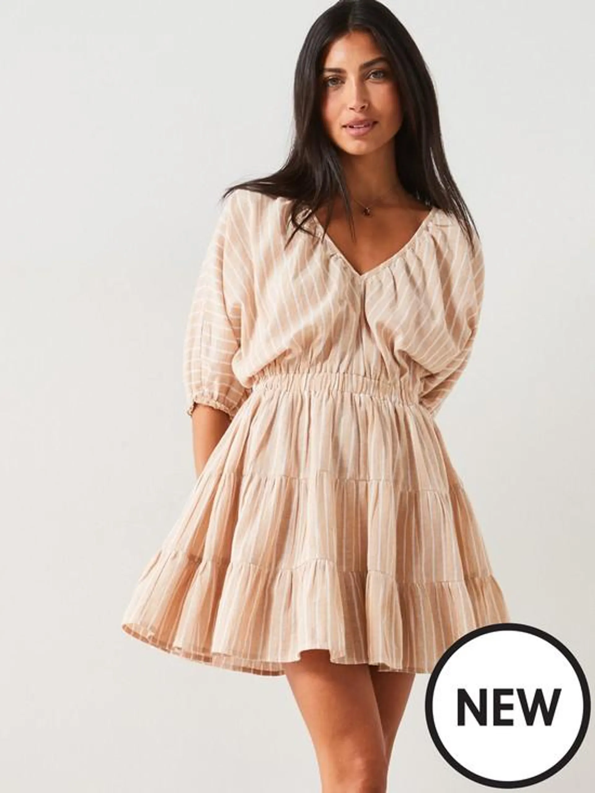 Stripe Linen Blend Mini Dress - Beige