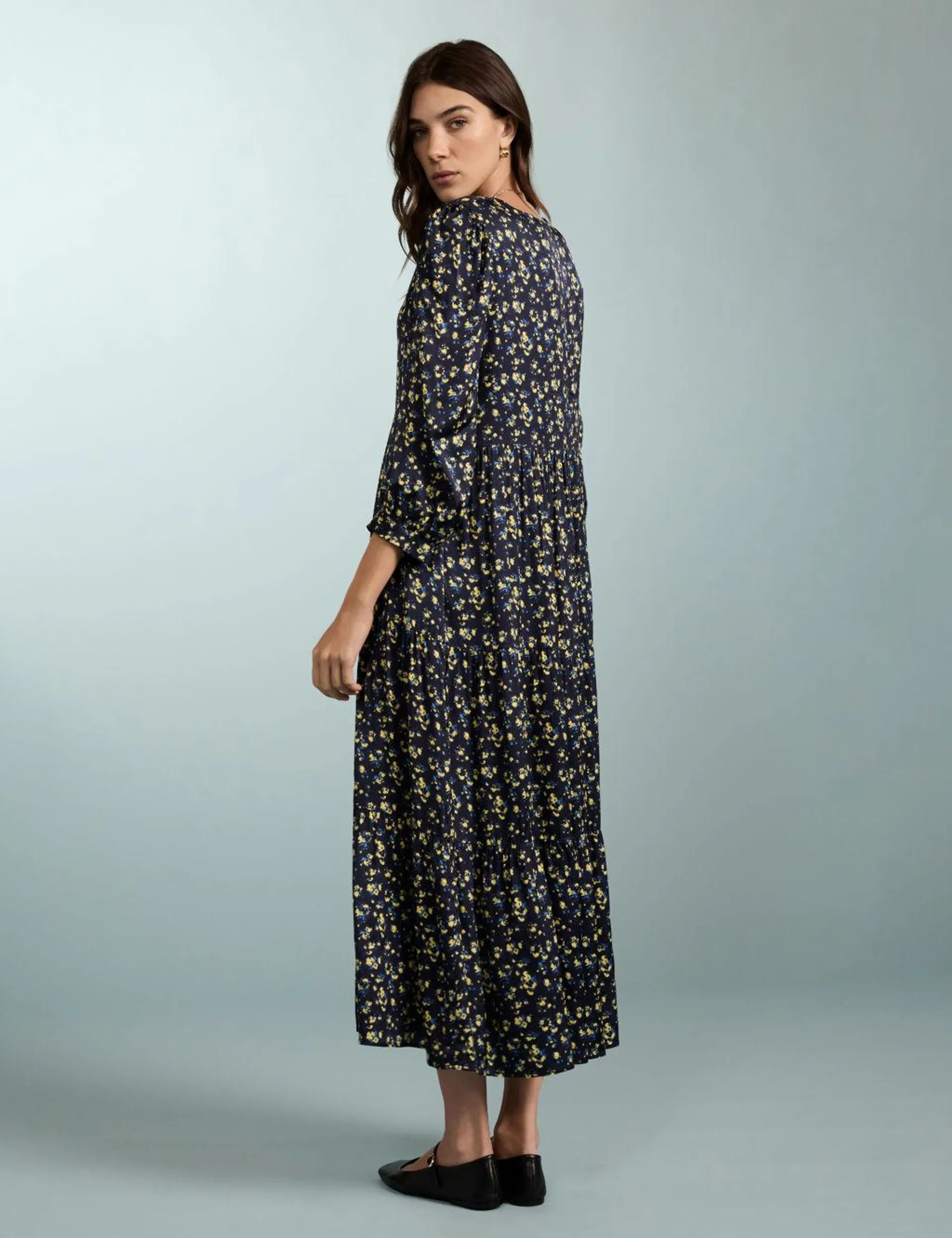 Printed Blouson Sleeve Midaxi Tiered Dress