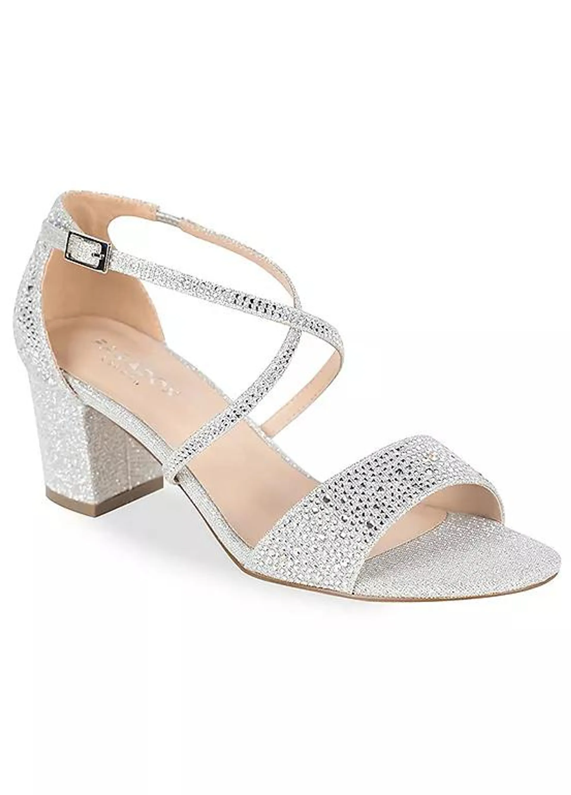 Paradox London Silver Glitter ’Ines’ Mid Block Heel Ankle Strap Sandals