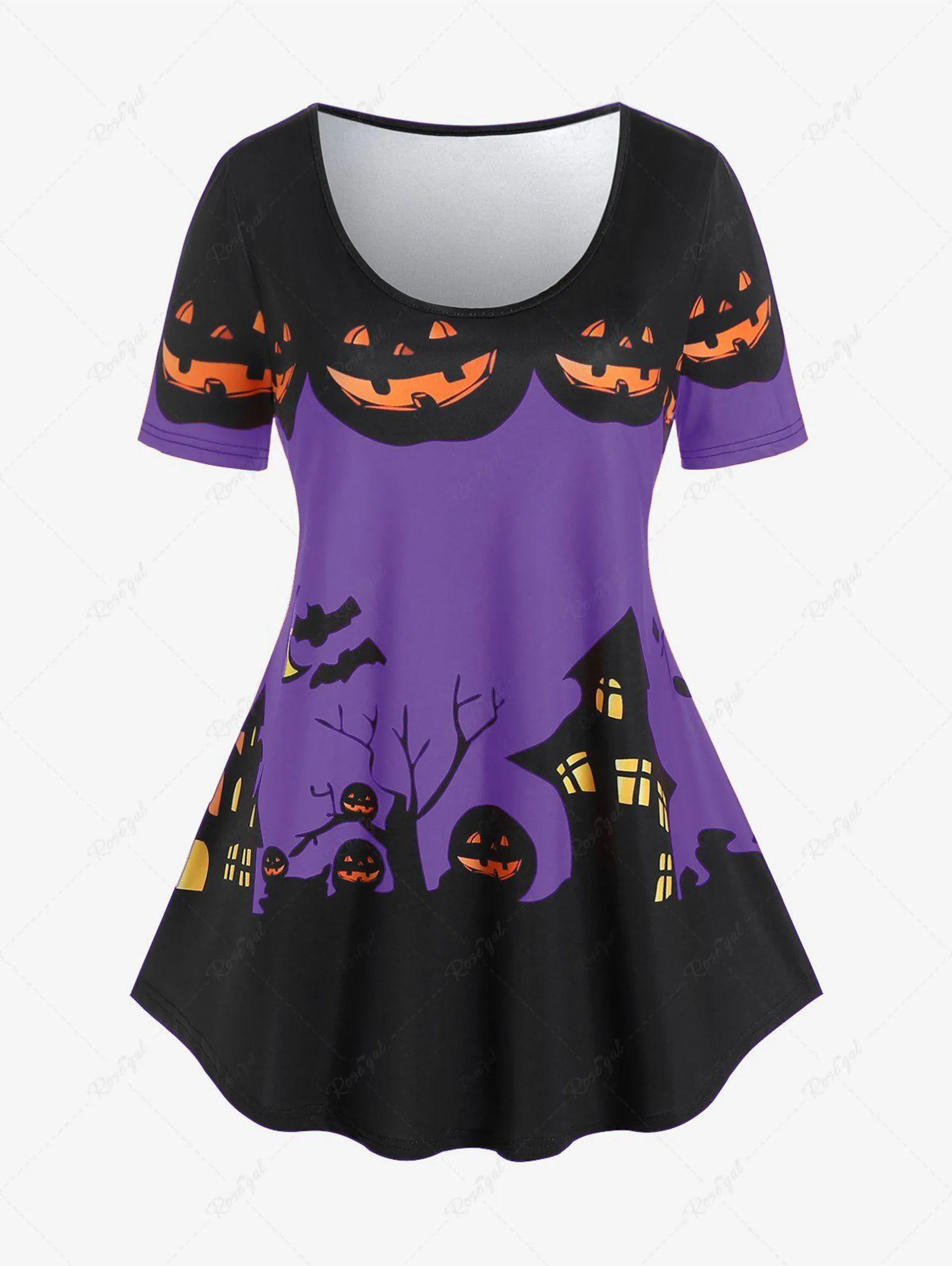 Plus Size Pumpkin Castle Print Halloween Tee - 1x | Us 14-16