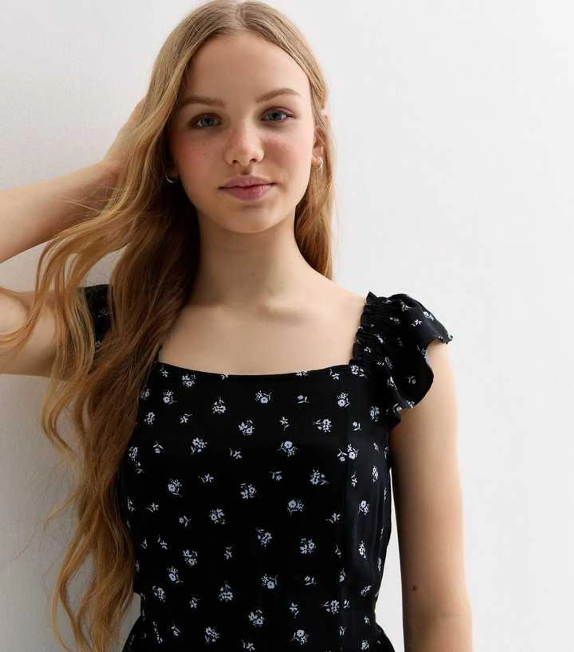 Girls Black Ditsy Print Frill Sleeve Mini Dress