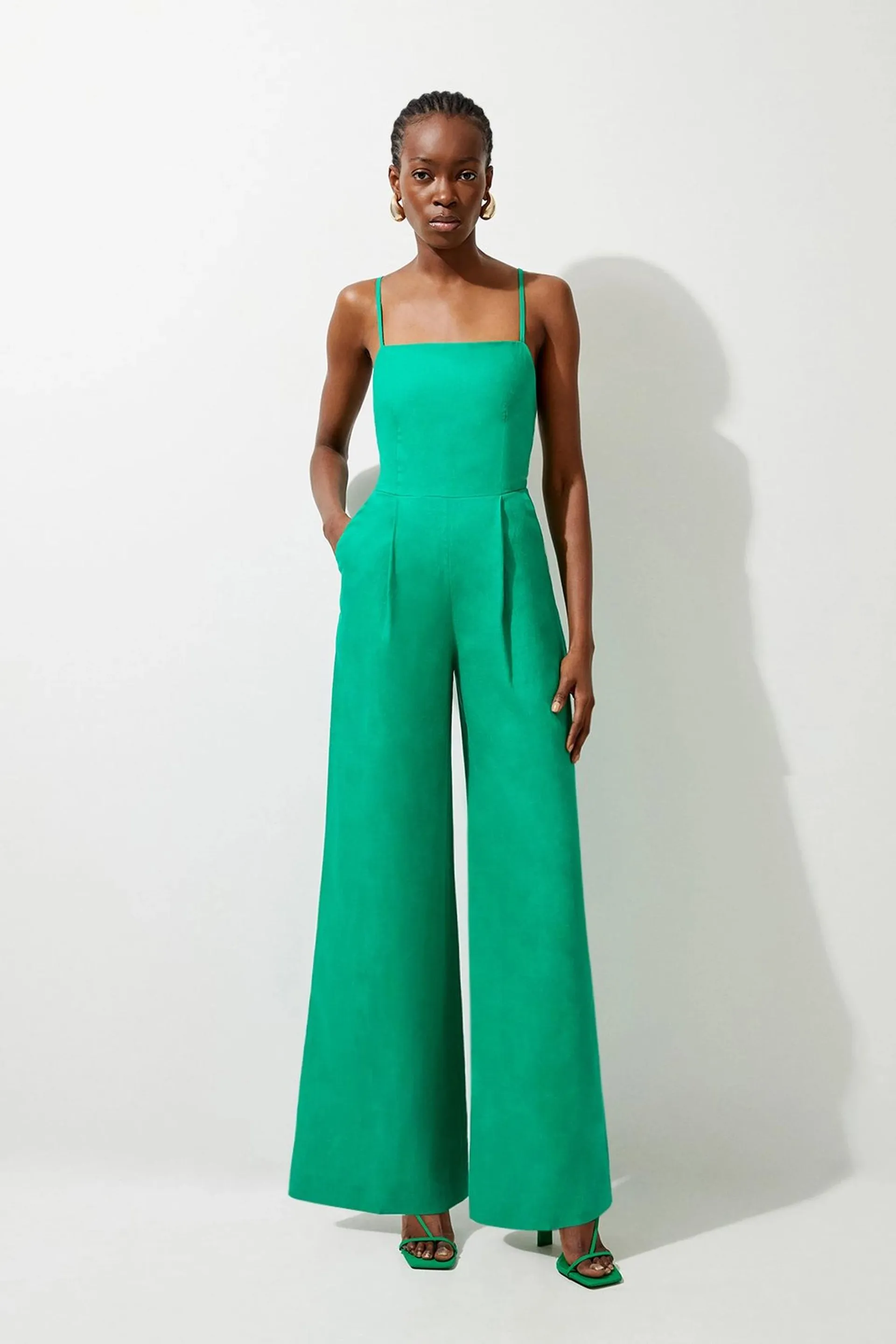 Premium Linen Tailored Halterneck Corset Back Wide Leg Jumpsuit