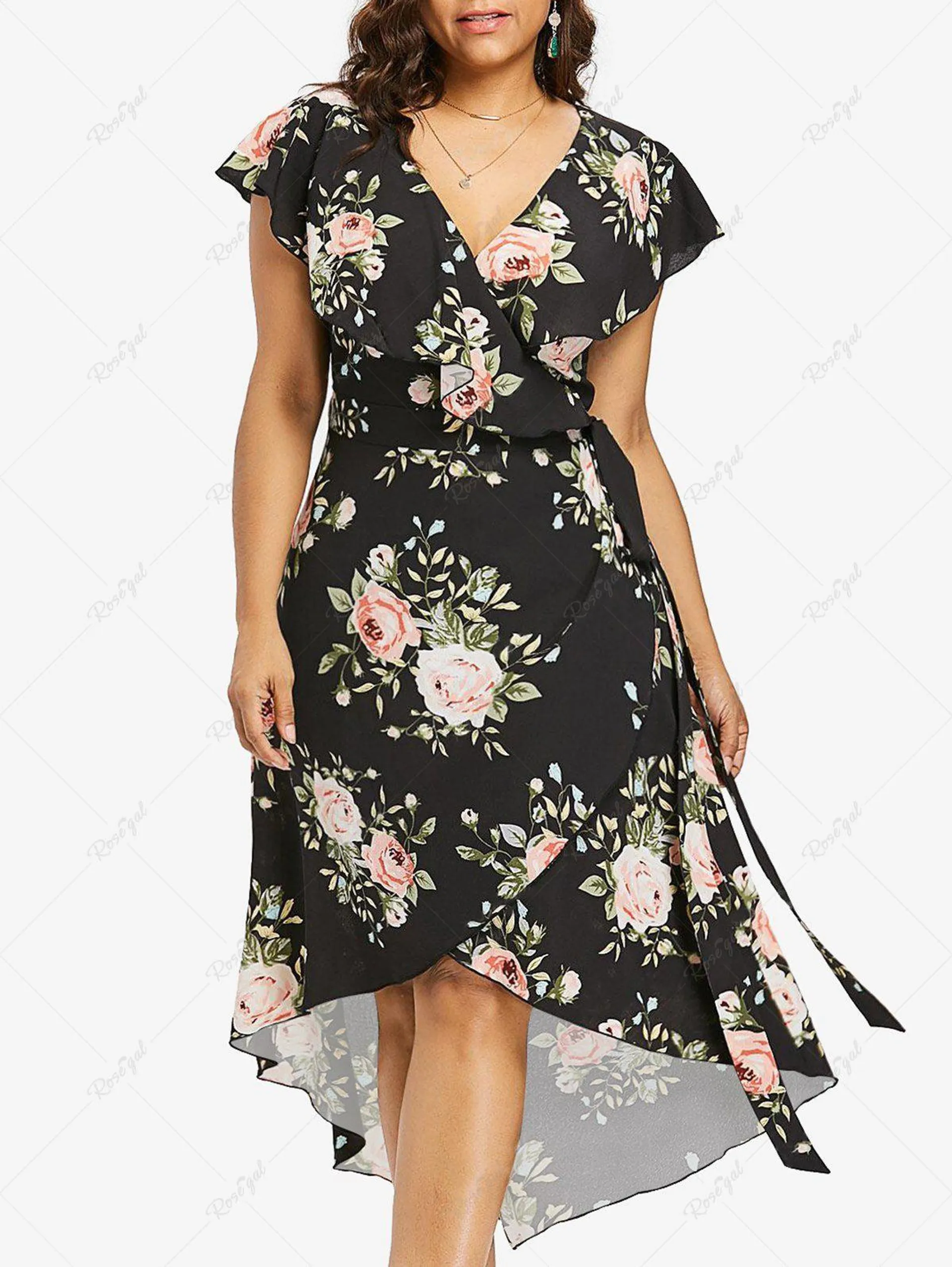 Plus Size Chiffon Floral Print Tied Asymmetric Dress - 1x | Us 14-16