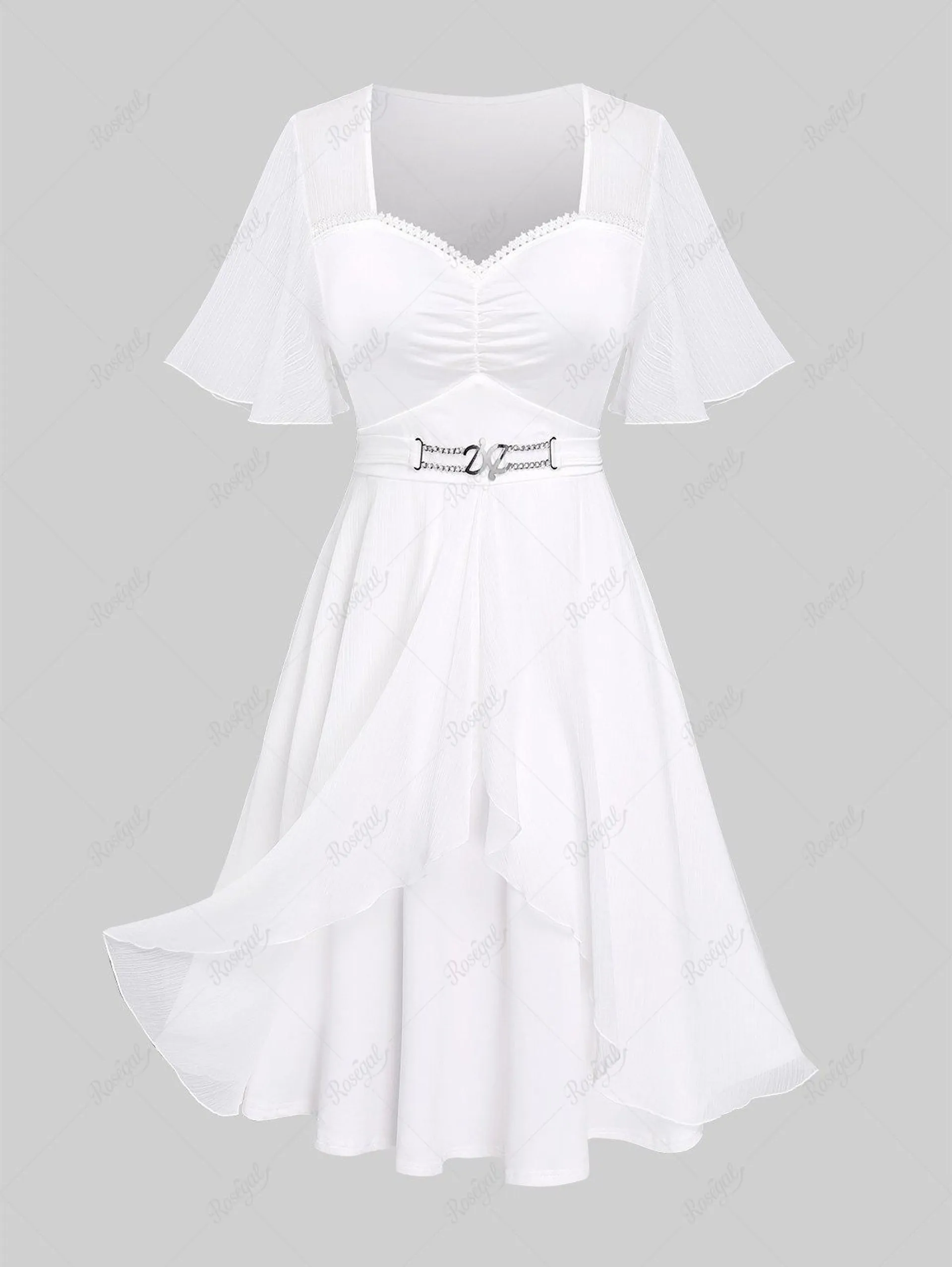 Plus Size Ruched Flounce Lace Trim Flutter Sleeves A Line Wedding Dress - 2x | Us 18-20