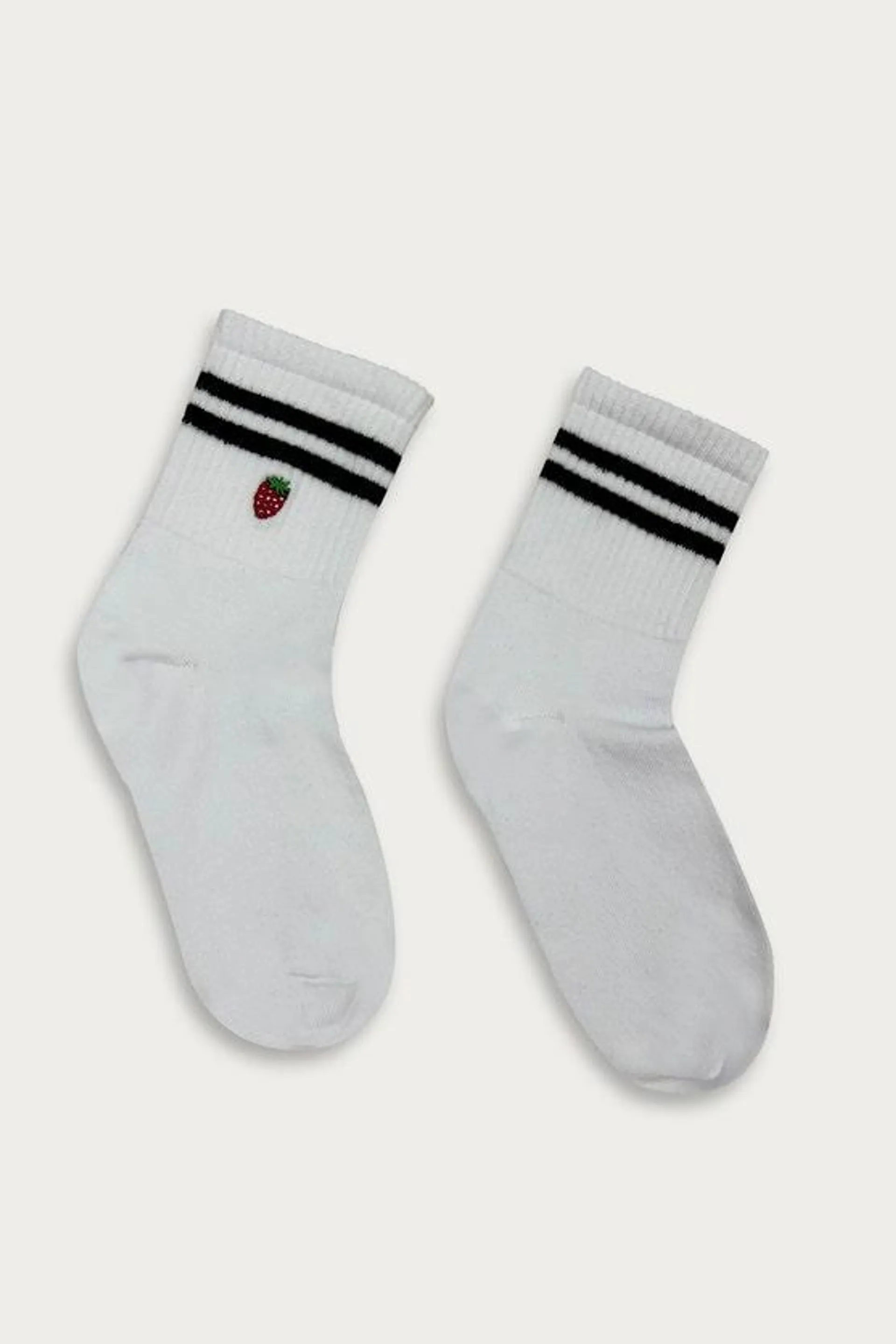 White Stripe Strawberry Embroidery Socks