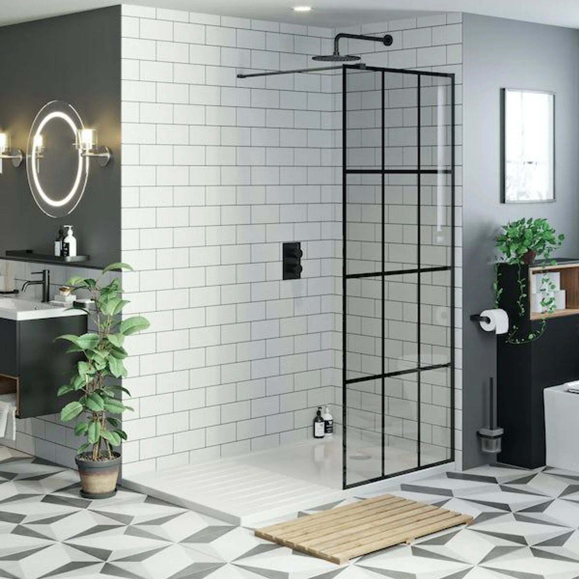 Mode 8mm black framed wet room glass panel with walk in shower tray