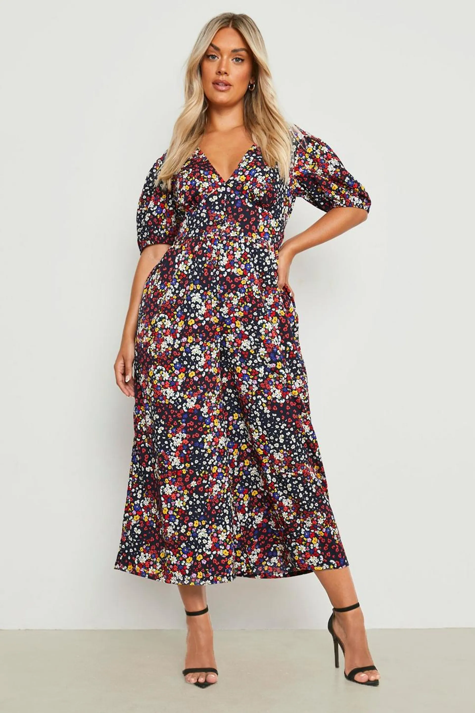 Plus Woven Floral Puff Sleeve Jumpsuit