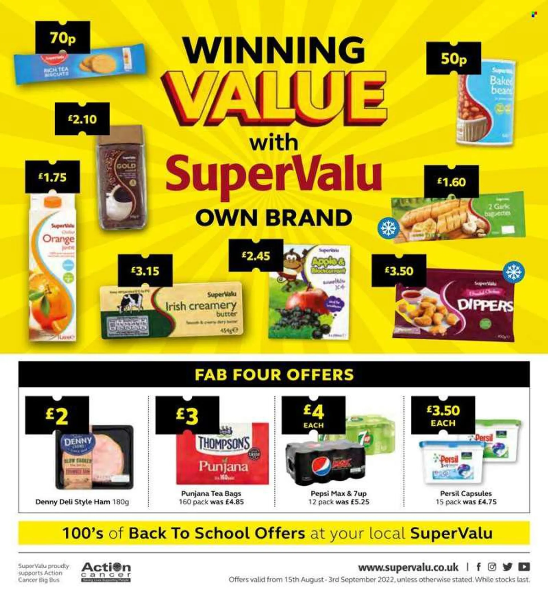SuperValu offer  - 15.8.2022 - 3.9.2022 - Sales products - garlic, ham, butter, biscuit, Pepsi, orange juice, juice, Pepsi Max, 7UP, tea bags, Punjana, Persil, Fab. Page 1.