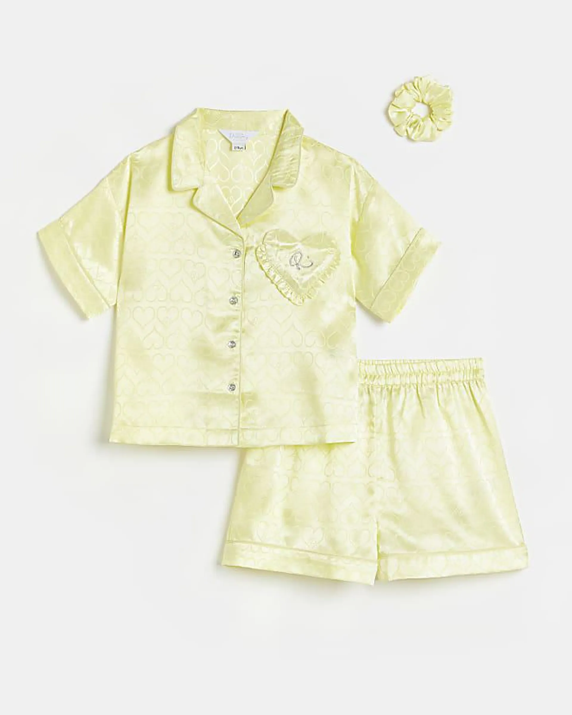 Girls Yellow Satin Monogram Pyjama Set