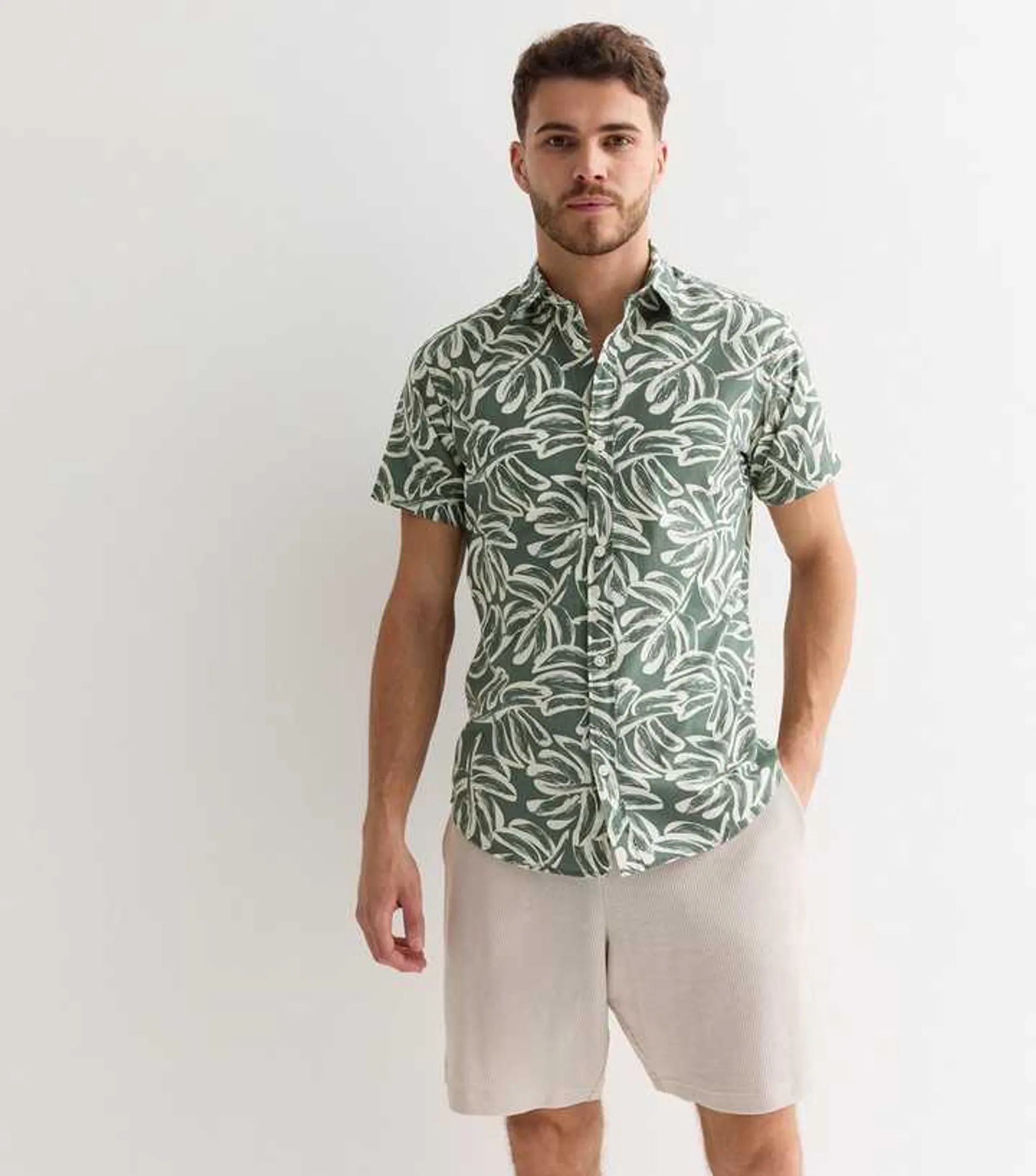 Jack & Jones Olive Leaf Print Cotton Short Sleeve Shirt