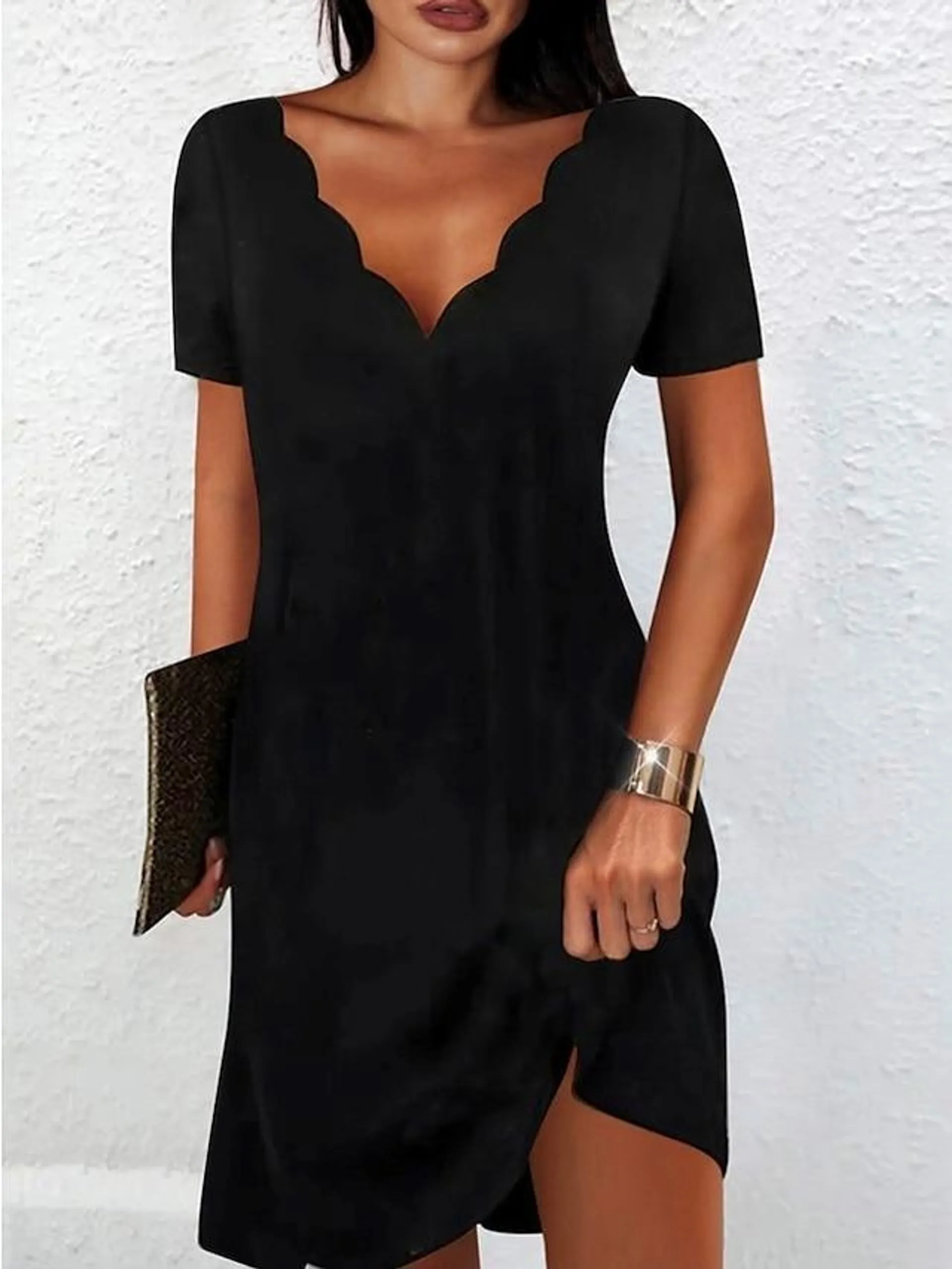 Women's Black Dress Casual Dress Sheath Dress Plain Pure Color Ruffle Scalloped Neck Mini Dress Stylish Basic Daily Date Short Sleeve Summer Spring