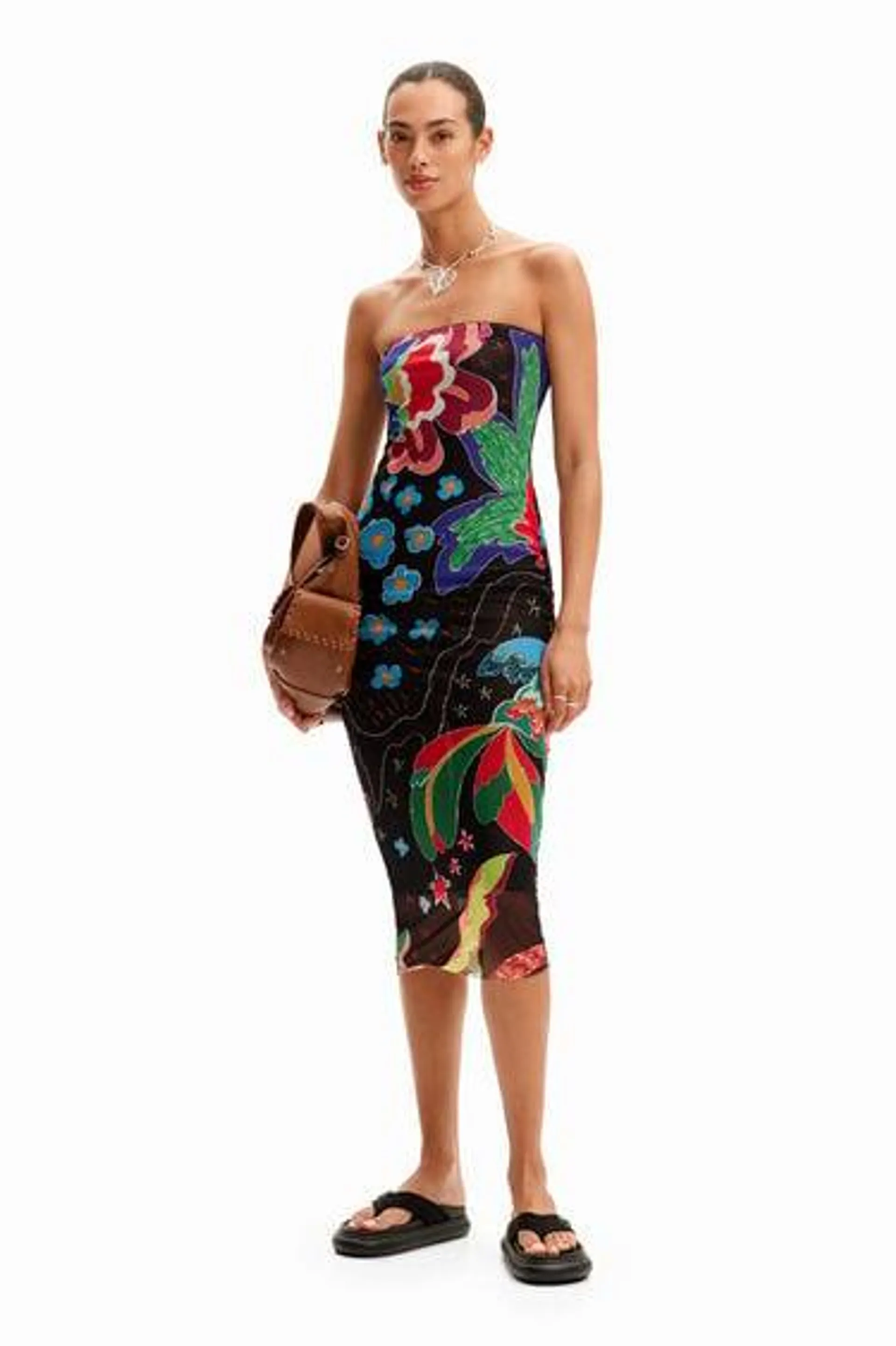 Jungle design bandeau midi dress