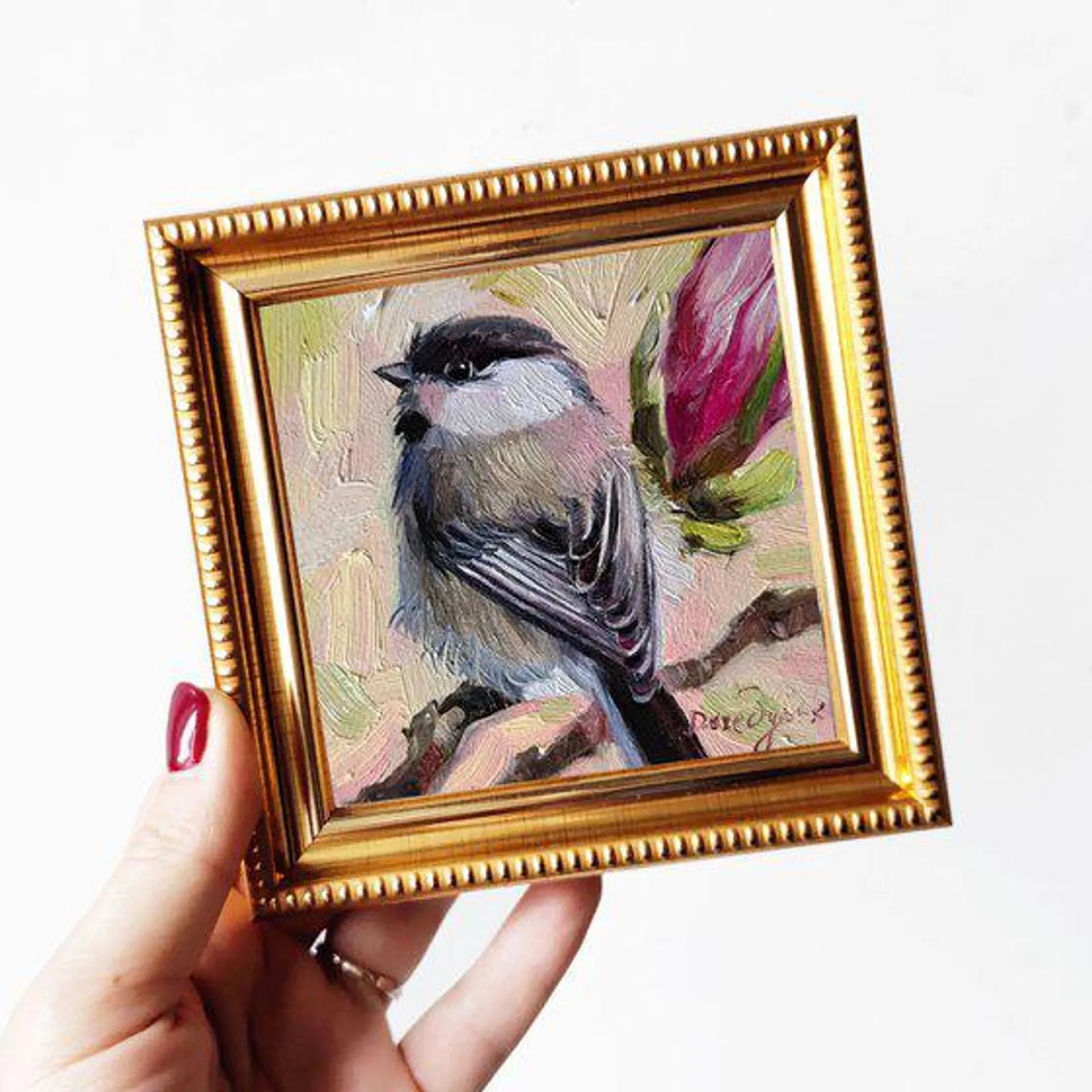 Bird oil painting original art gift personalized, Bird picture frame pale pink art, Birds on blossom branch art birthday gift (2023)