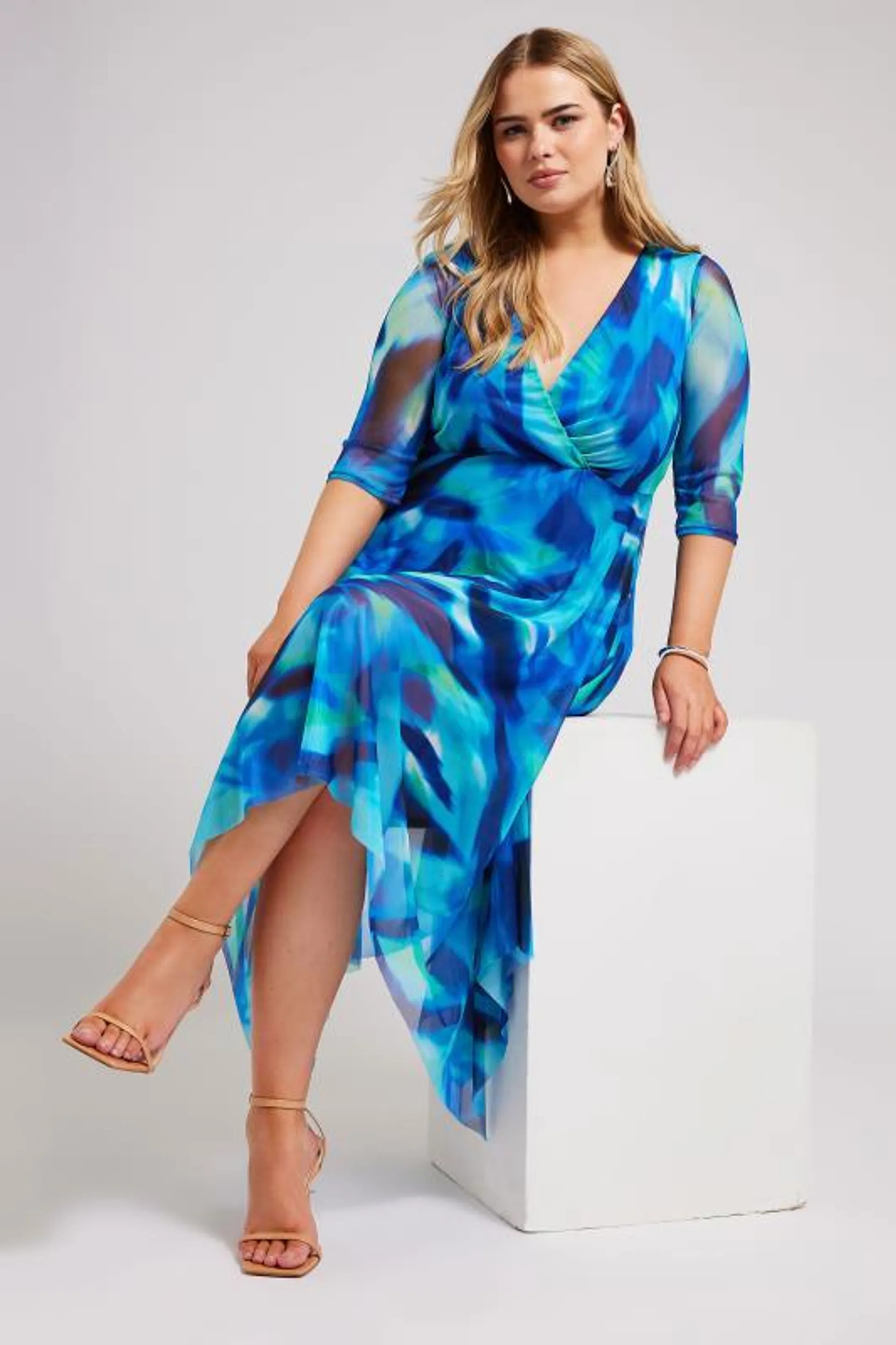 YOURS LONDON Curve Blue Abstract Print Wrap Mesh Dress