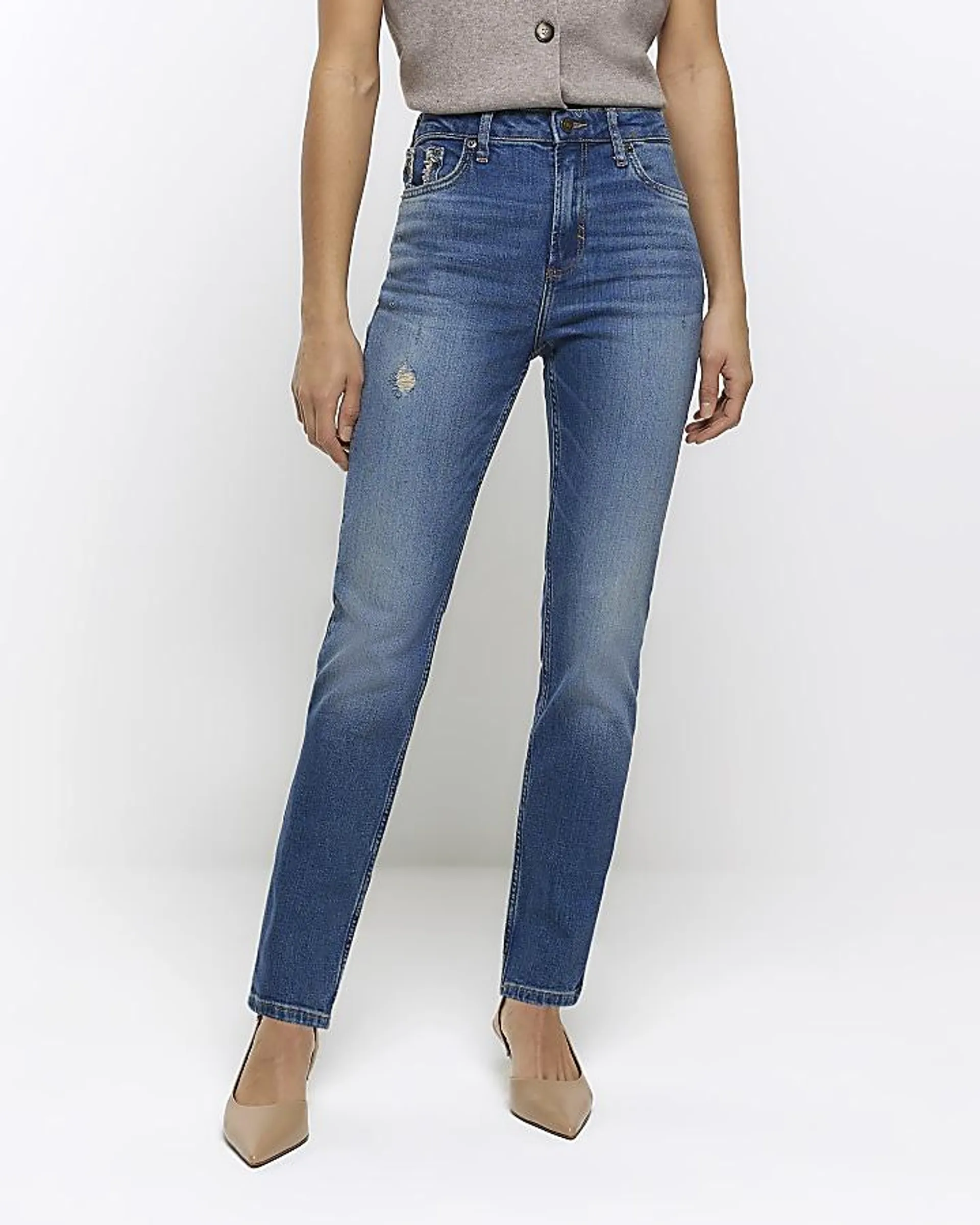 Blue High Waisted Slim Straight Jeans