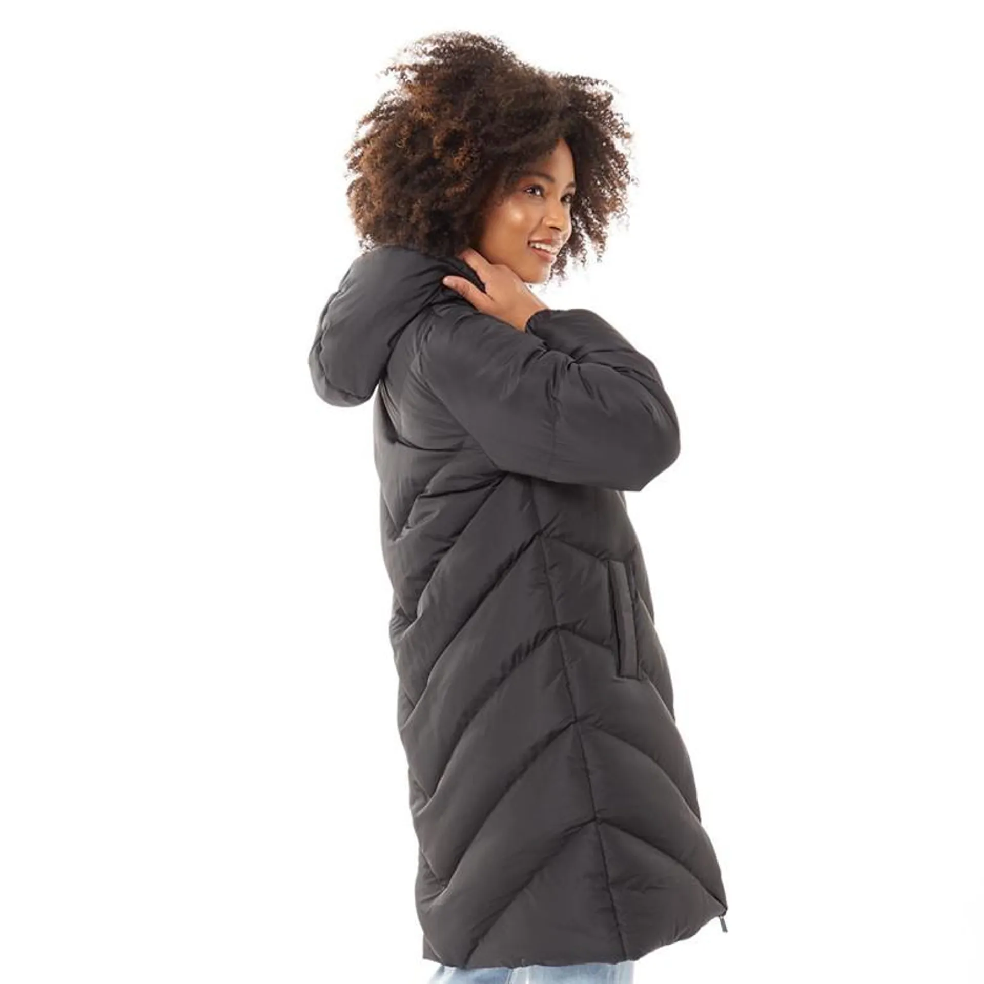 French Connection Womens Maxi Length Chevron Hooded Puffer Black