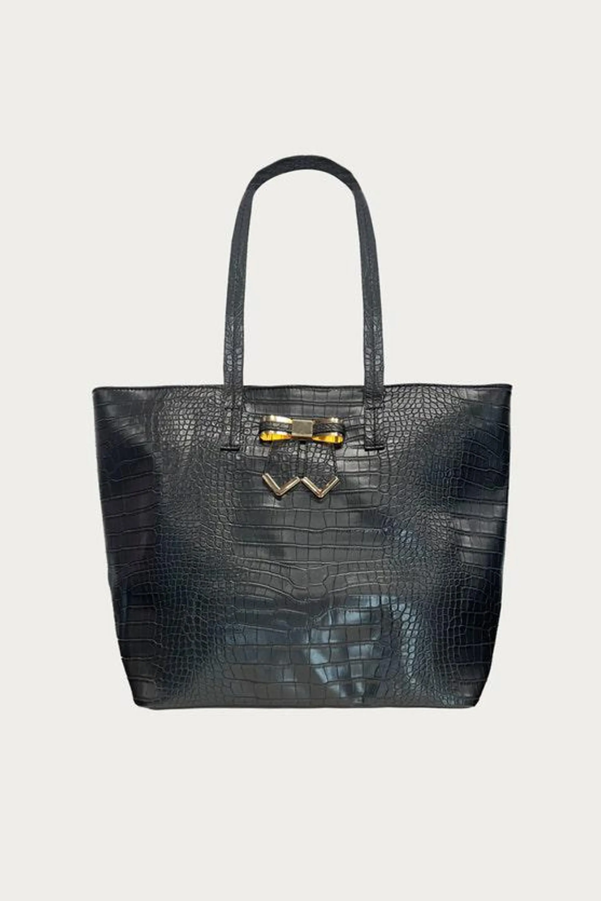 Black Mock Croc Metal Bow Shopper Bag