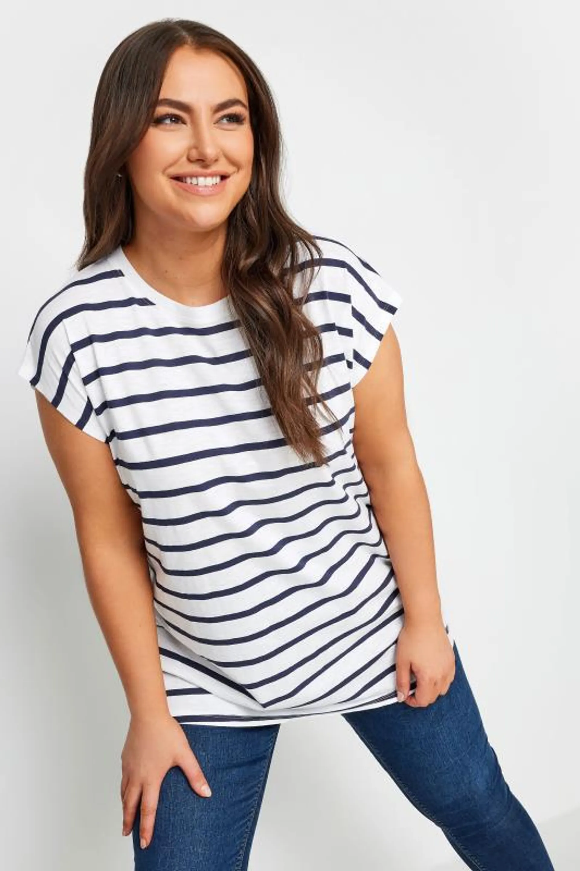 YOURS Curve White & Navy Blue Stripe Top