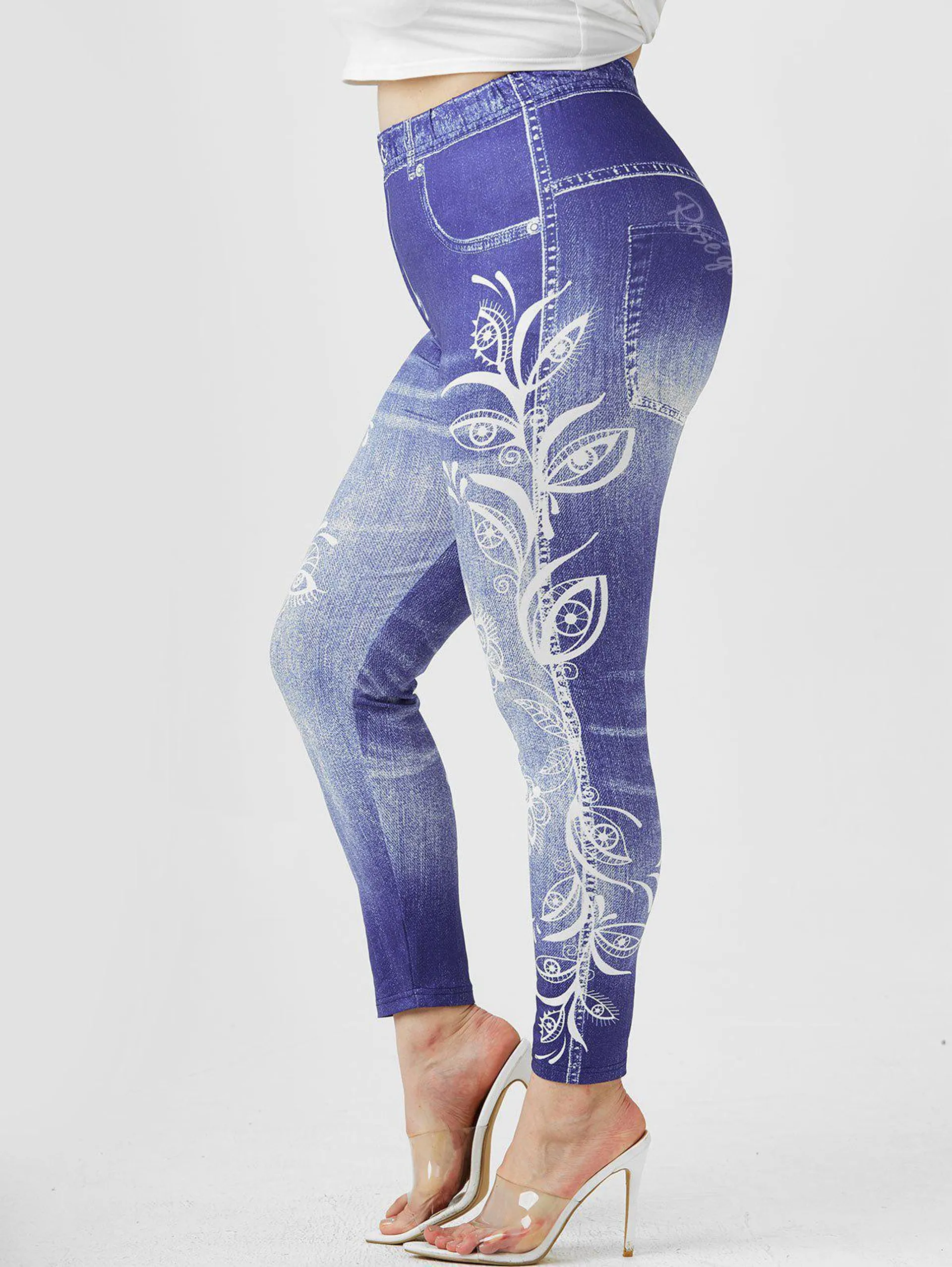 Plus Size 3D Floral Print High Waisted Jeggings - 4x